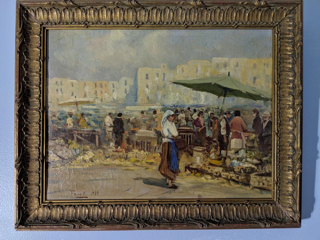 1939 Street Market Oil Painting Signed Frank (1 of 9)