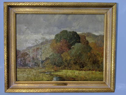 Antique Frederiek Mulhaupt Fall Landscape Oil Painting: Antique framed oil on board painting of fall landscape by listed artist Frederiek Mulhaupt (1871-1938). Needs a good cleaning 29 x 23 1/4, Image: 23 5/8 x 18 Shipping in continental US $45.00 Please a