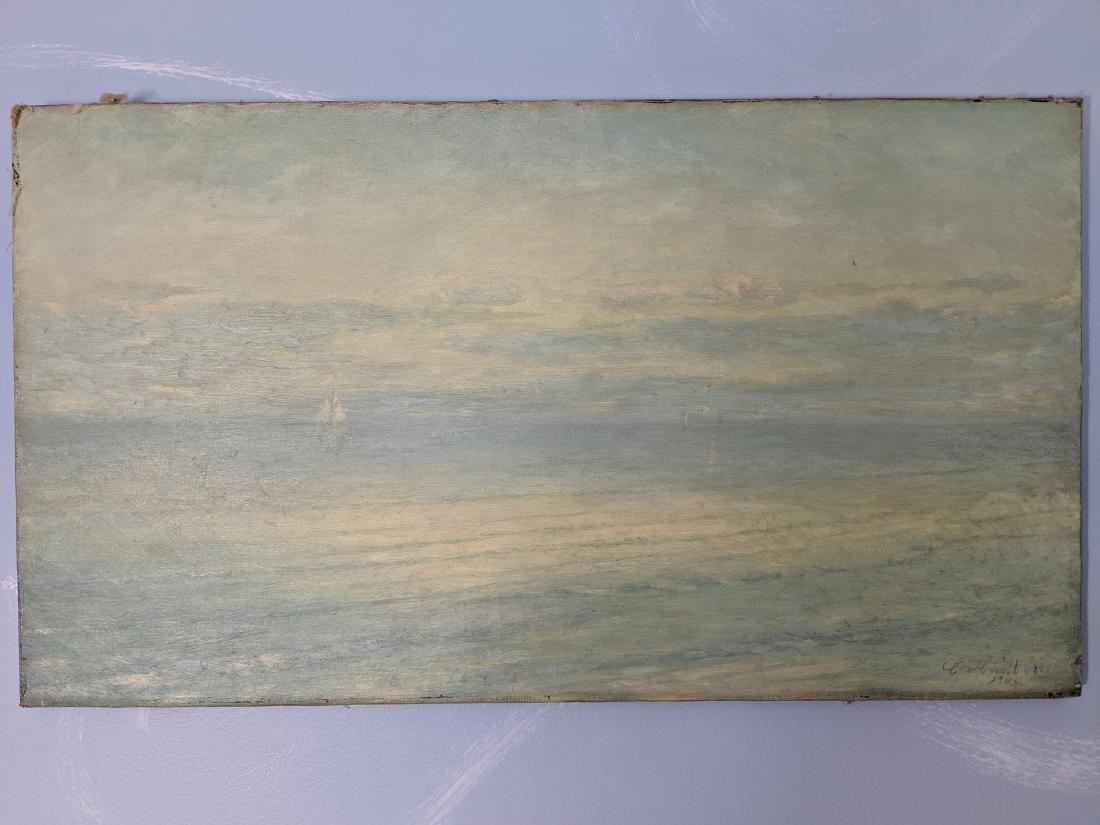 1905 Ocean & Sky Oil Painting w/ Sailboat Signed A (1 of 9)