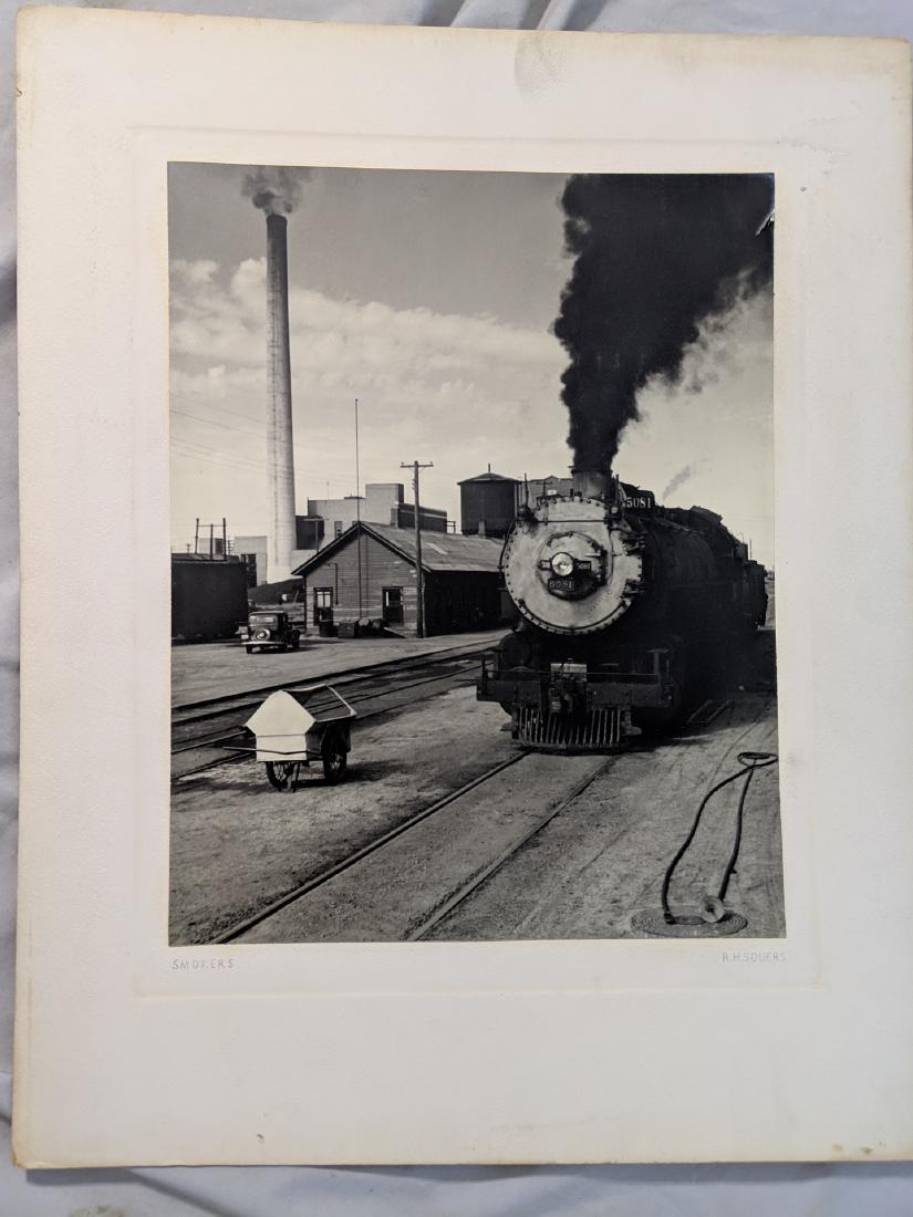 c1940's RH Souers Artist B&W Photograph Train: c1940's B&W photo on matting by RH Souers. Titled Smokers. With Exhibition decals on reverse. Have more by same artist up for auction. Tear in upper right, Board is dirty 16 x 20, Image: 10 3/4 x 13 3