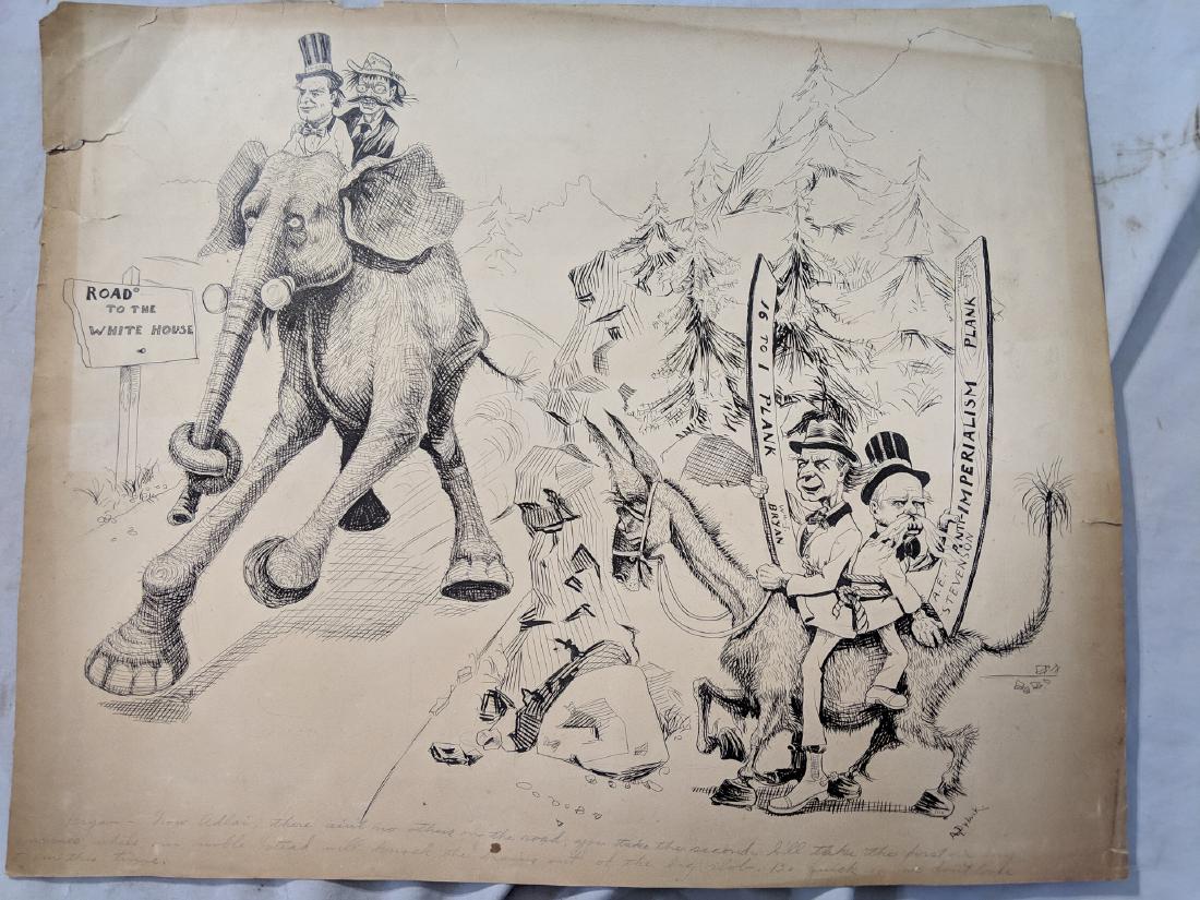 c1900 A Dybvik Pen Drawing McKinley & Roosevelt Cartoon: c1900 pen drawing by A Dybvik of McKinley Roosevelt vs Bryan & Stevenson presidential cartoon. Have more Dybvik also up for auction. Has toning around edges and browning. Tears on left and right sides