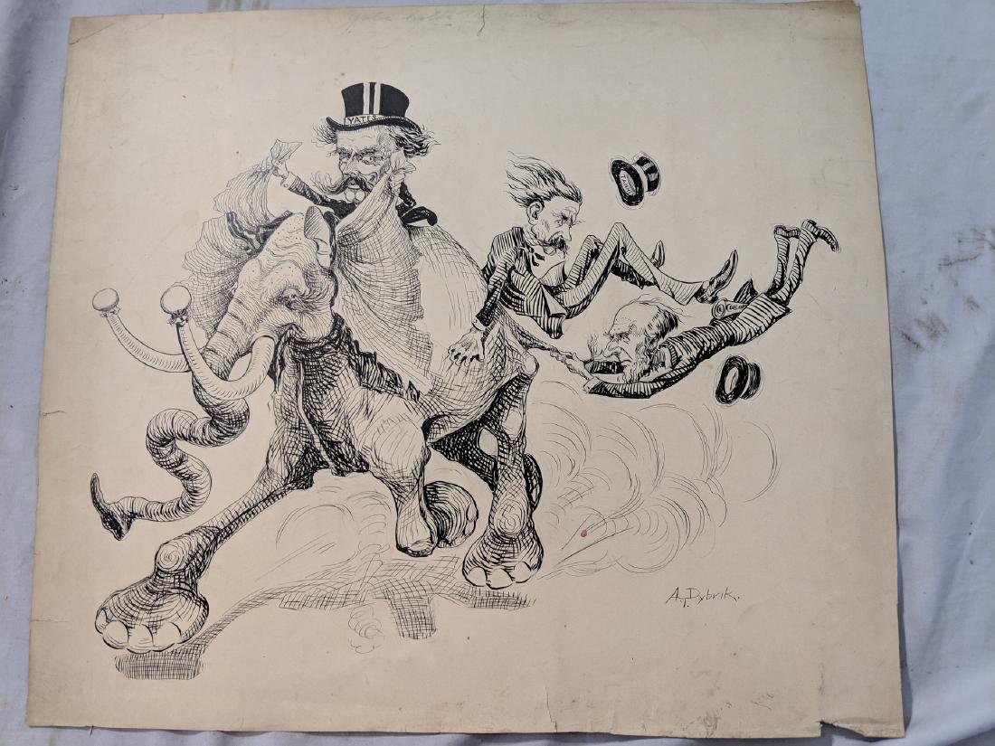 c1900 A Dybvik Pen Drawing Yates Tanner Chicago: c1900 pen drawing by A Dybvik . Political cartoon of Chicago Yates and Tanner. Have more Dybvik also up for auction. Has tear along edges and some browning 23 x 20 Shipping in continental US $18.00 Pl