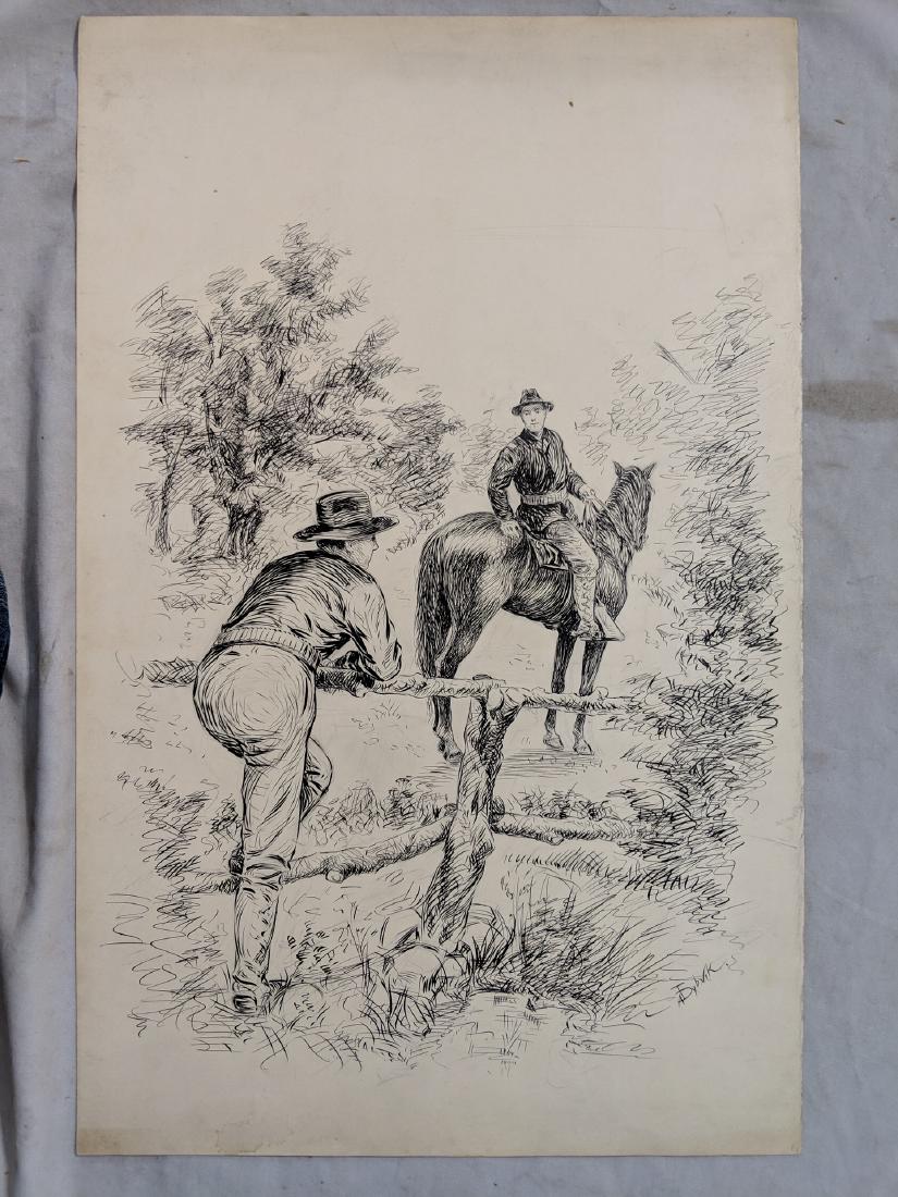 c1900 A Dybvik Pen Drawing two Cowboys w/ Horse & Fence (1 of 10)