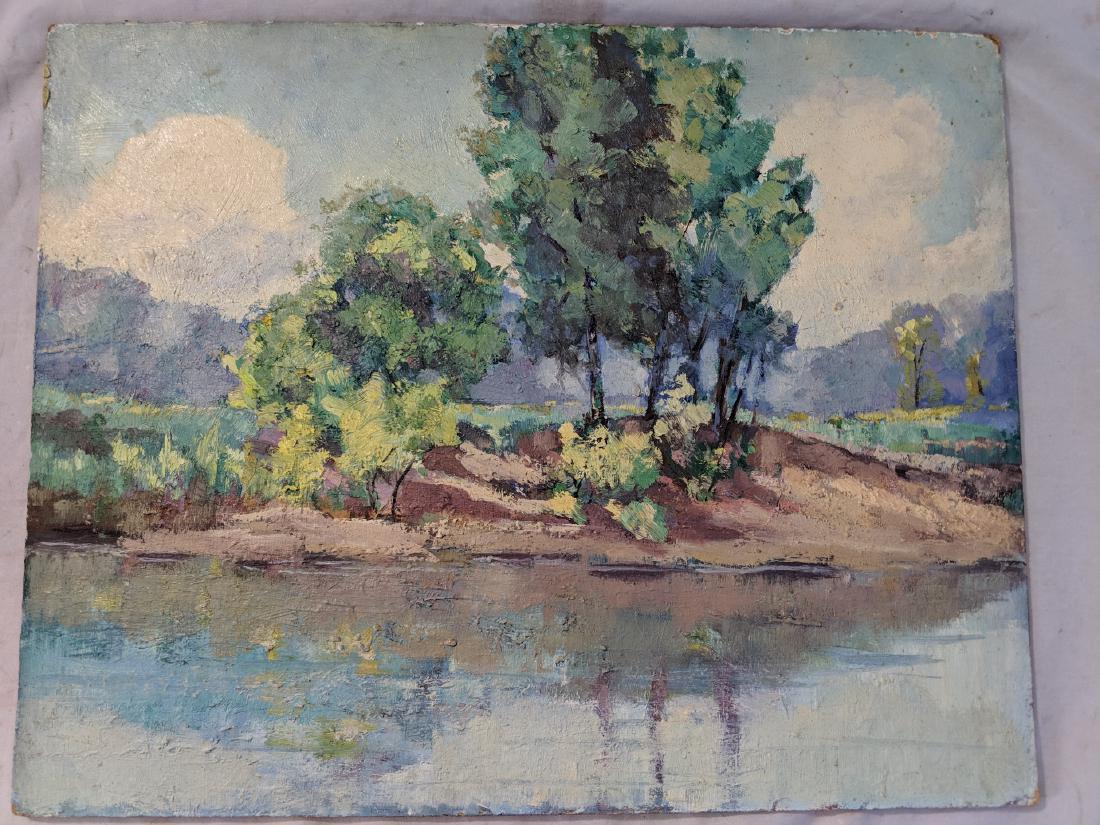 c1950's AJ Johnson Swedish Chicago Oil Painting Trees: 20th Century Swedish Chicago oil on board painting. No frame and not signed. Have more AJ Johnson up for auction. Needs a cleaning, has nicks on edge 16 x 20 Shipping in continental US $17.00 Please a