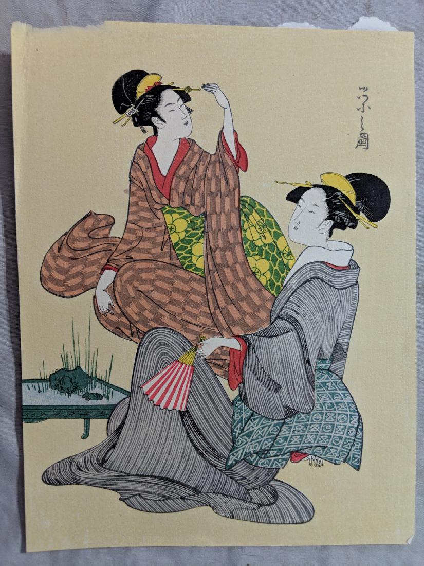 Old Hosoda Eishi Japanese Woodblock Print Ladies: Old Hosoda Eishi Japanese Woodblock Print Fashionable women from the tale of Genji, later printing Has tears on top edge 7 1/4 x 9 Shipping in continental US $15.00 Please ask any questions before bid