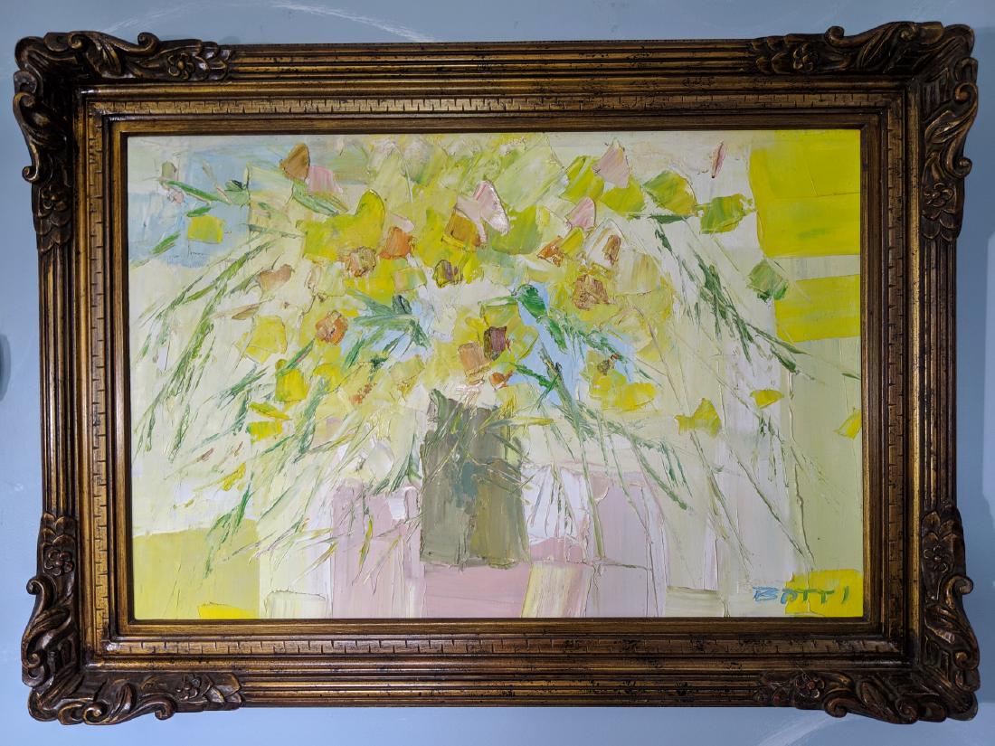 Italo Botti Oil on Canvas Abstract Flowers Painting: Italo Botti Oil on Canvas Abstract Flowers Painting in frame. Listed artist born 1923 and died 2003 Good with no problems 44 x 32, Image: 35 1/2 x 23 1/2 Shipping in continental US $200.00 Please ask 