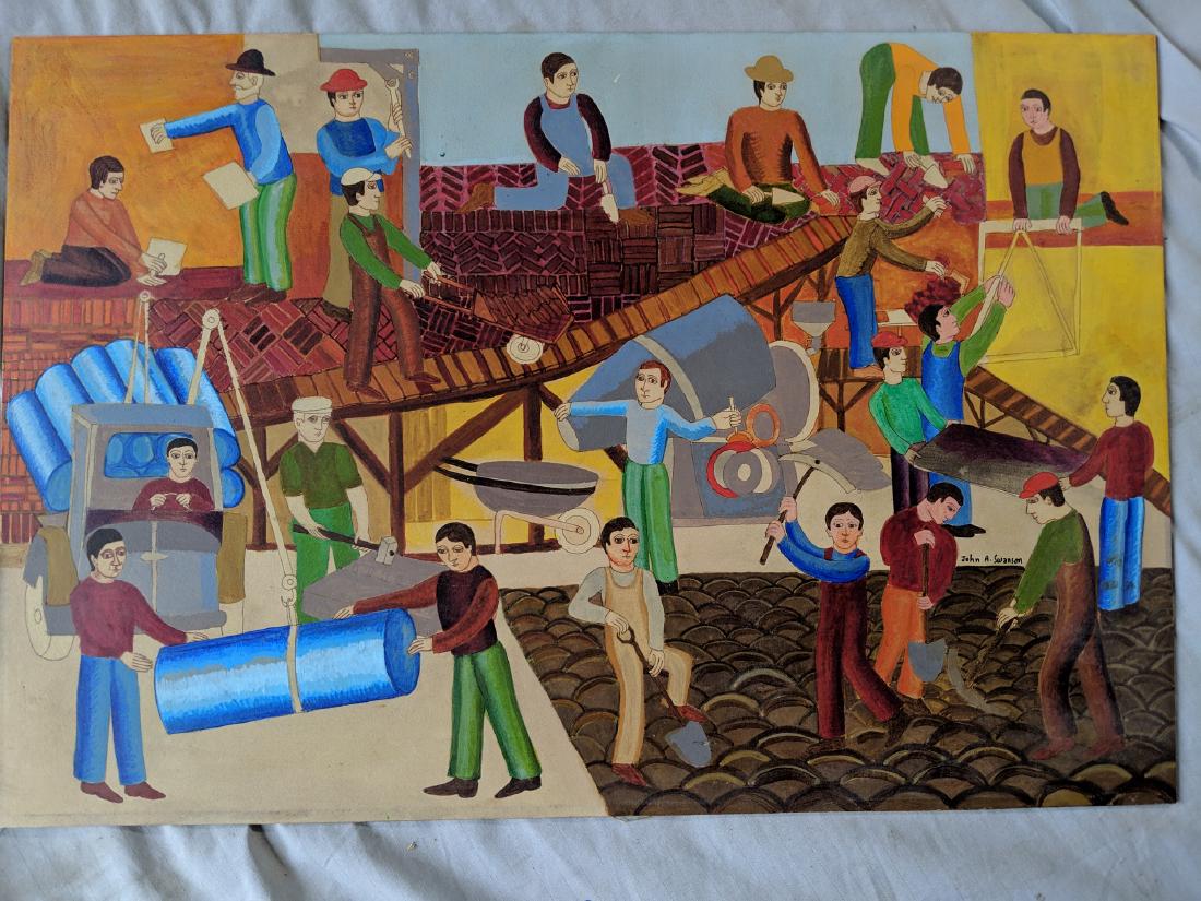 John August Swanson Oil Paining of Construction Workers: John August Swanson Oil Paining on board of Construction Workers. American Artist born 1938. Good with no problems 15 x 22 Shipping in continental US $25.00 Please ask any questions before bidding Goo