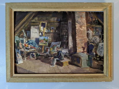 John Whorf Oil on Board Painting Artist in His Studio: John Whorf Oil on Board Painting Artist in His Studio. In frame. Listed Massachusetts artist Born 1903 and died 1959 Board slightly bowed 25 x 19, Image: 20 3/4 x 14 3/4 Shipping in continental US $44