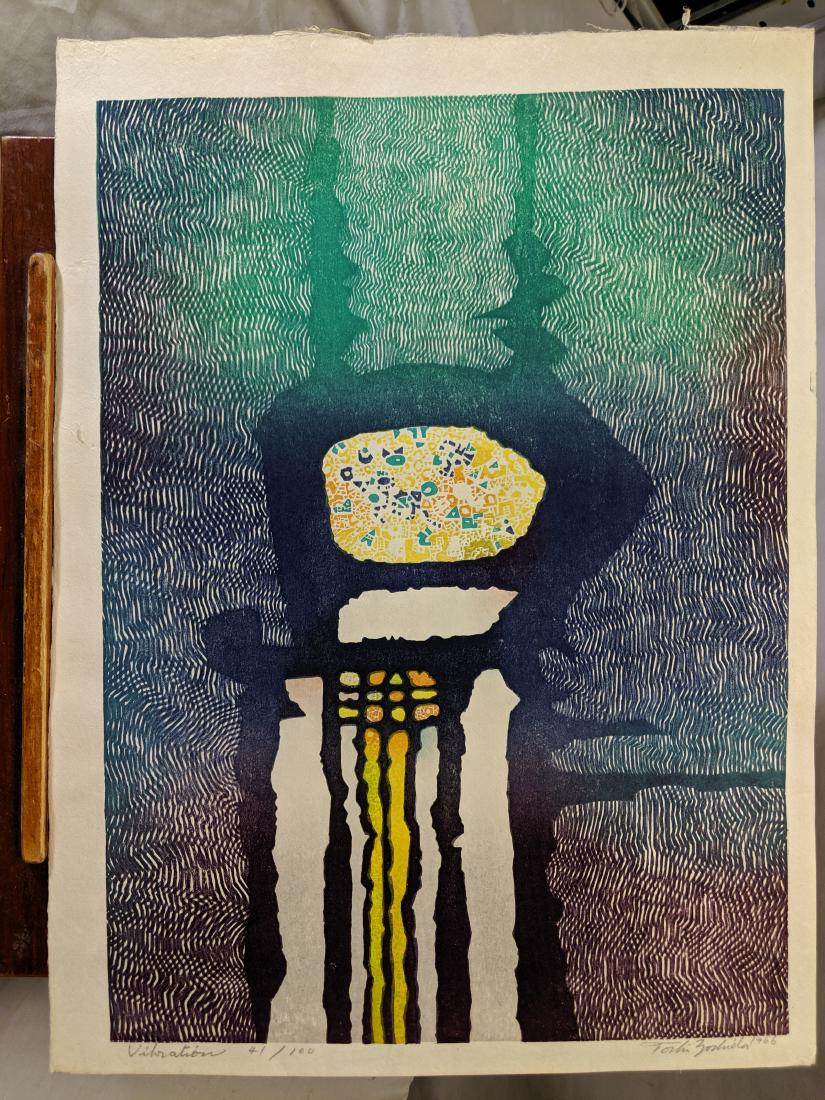 1966 Toshi Yoshida Japanese Woodblock Print Vibration: 1966 Toshi Yoshida Japanese Woodblock Print Vibration 41/100. Pencil signed, numbered, dated and titled Good with no problems. Has never been framed 16 x 21 1/2 Shipping in continental US $23.00 Pleas