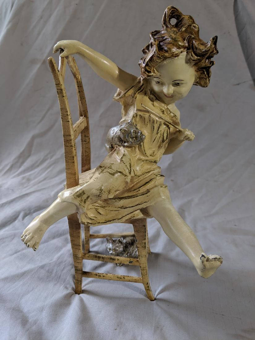 Art Deco Metal Sculpture Girl on Chair w/ Cats: Art Deco Metal Sculpture Girl on Chair w/ Cats. Not signed Some wear to paint 13 high Shipping in continental US $25.00 Please ask any questions before bidding Good Luck!