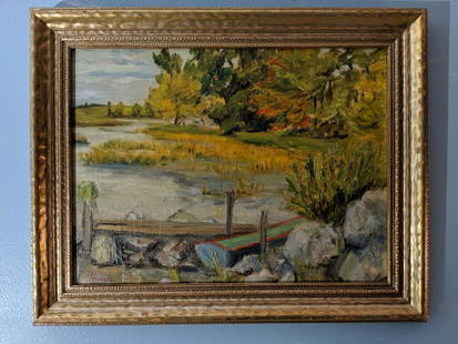 Francesco Spicuzza Dock on Pond Oil Painting: Francesco Spicuzza Dock on Pond Oil Painting on board in frame. Listed Wisconsin artist born 1883 and died 1962 Good with no problems 18 x 15 1/2, Image: 15 1/2 x 11 3/4 Shipping in continental US $30