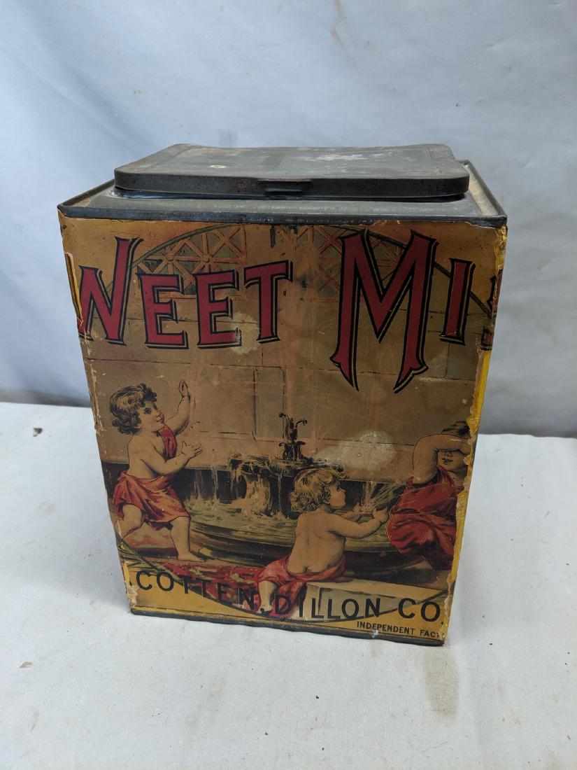 Antique Sweet Mist Fine Cut Tobacco Tin Rare Early: Antique Sweet Mist Fine Cut Tobacco Tin Rare Early Design. Turn of the century By Cotton Dillon Co Has some fading, toning small tears and wear to paper label 11 high x 8 1/2 x 6 1/2 Shipping in conti