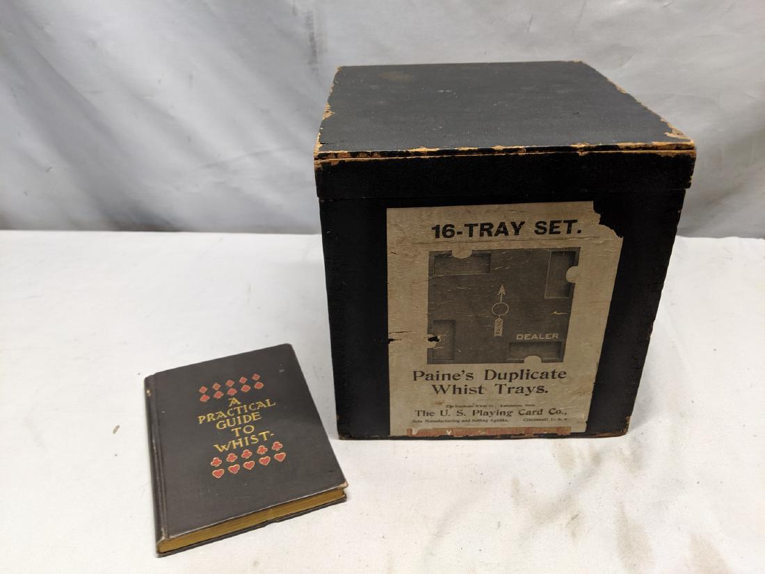 Antique 16 Tray Set Paine's Duplicate Whist Trays Set: Antique 16 Tray Set Paine's Duplicate Whist Trays Set in case. Guide to Whist book included Normal wear with age and use. Some tears to label 8 x 7 x 7 1/2 Shipping in continental US $18.00 Please ask