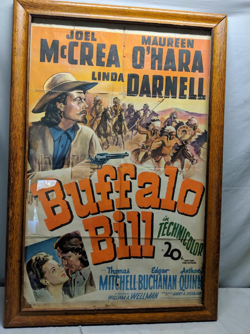 1944 Buffalo Bill Joel McCrea Maureen O'Hara Movie: 1944 Buffalo Bill Joel McCrea Maureen O'Hara Movie Poster, framed under glass in oak frame Has crease, marks, tear bottom left corner tear right edge towards bottom. Other tears, fading and wear 30 1/