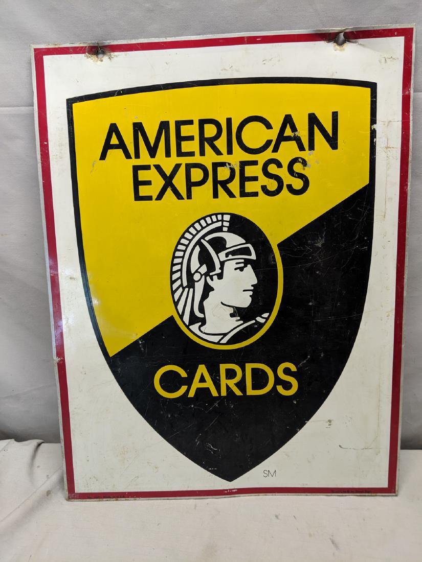 Old American Express Cards Double Sided Hanging Metal: Old American Express Cards Double Sided Hanging Metal Sign Has scratches and wear. Tears in metal by top holes 16 x 21 Shipping in continental US $18.00 Please ask any questions before bidding Good Lu