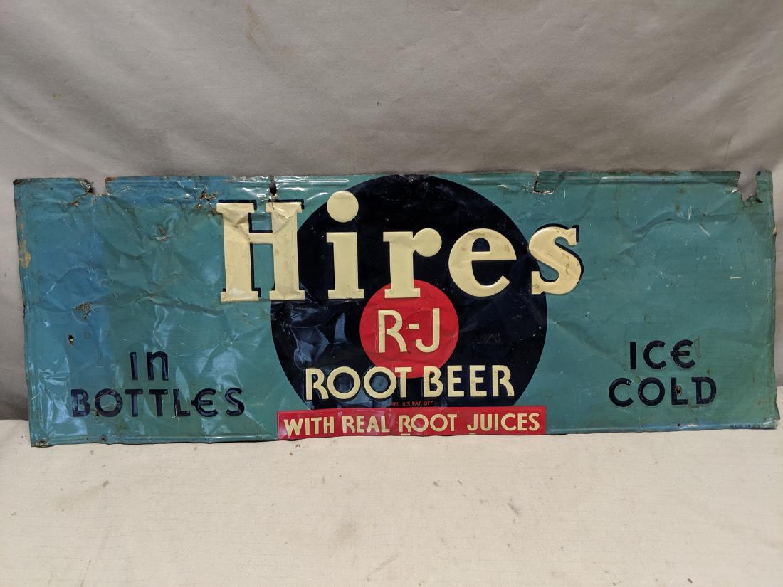 Old Hires R-J Root Beer Embossed Tin Advert Wall Sign: Old Hires R-J Root Beer Embossed Tin Advert Wall Sign Has tears at top edge. Lots of bends and wear 27 1/2 x 9 1/2 Shipping in continental US $16.00 Please ask any questions before bidding Good Luck!