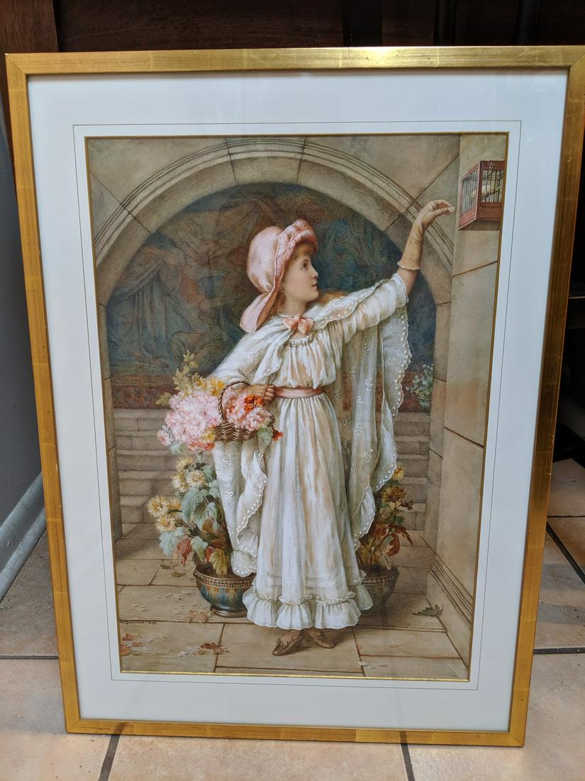 1879 Maude Goodman Watercolor Painting Girl w/ Flowers (1 of 13)