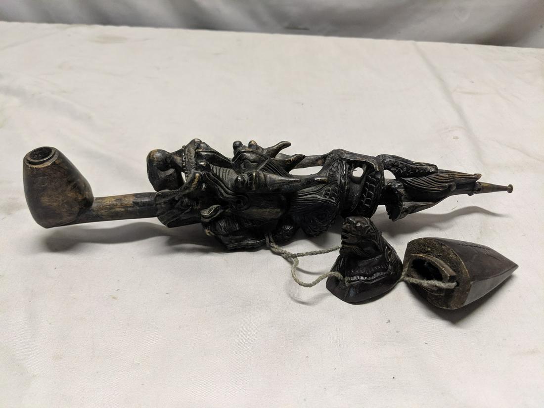 Carved Chinese Dragon Wood Ornate Pipe w/ Tobacco (1 of 10)