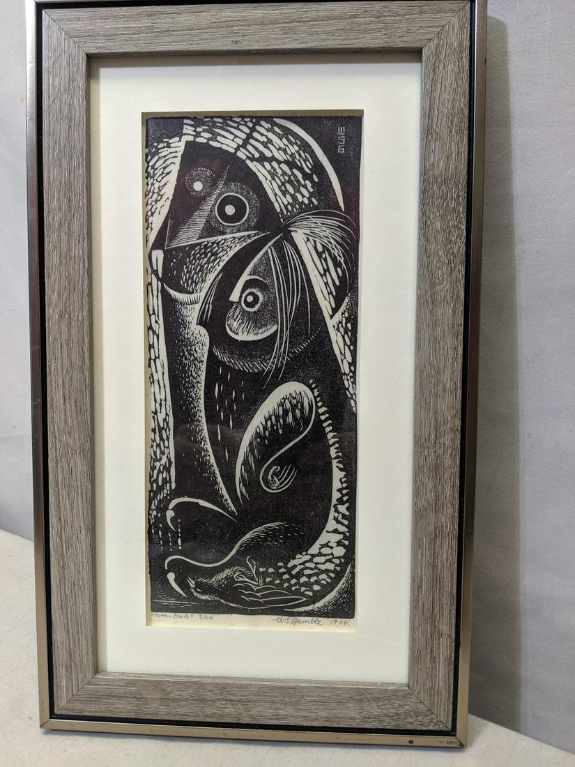 1948 William S Gamble Linocut Print Totem Owls 3/410 (1 of 8)