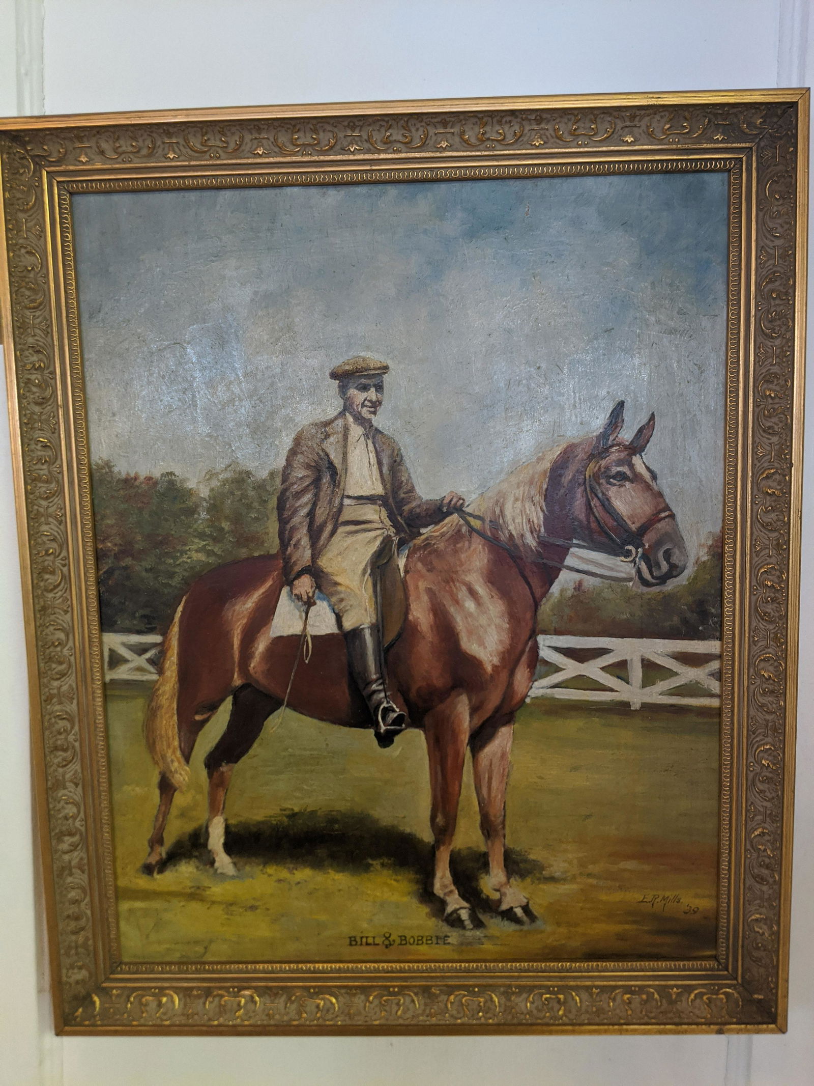 1939 ER Mills Jockey & Horse Oil Painting: 1939 ER Mills Jockey & Horse Oil Painting on board in frame. Titled Bill & Bobbie 17 3/4 x 14 1/2 x 18 Shipping in continental US $25.00 If shipping is $0 then buyer arranges pick up or shipping. Plea