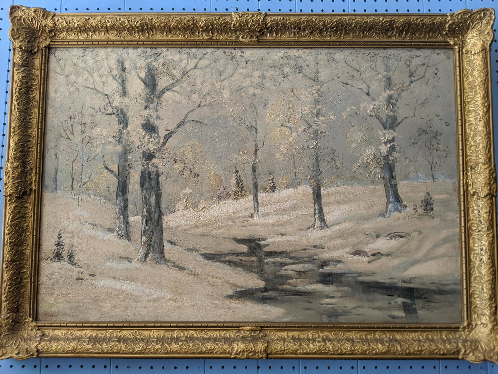 c1930's Ernest Fredericks Winter Snow Scene Oil: c1930's Ernest Fredericks Winter Snow Scene Oil Painting on canvas in ornate frame. Signed Lower left 29 1/2 x 41 1/2, Image: 35 1/2 x 23 1/2 Shipping in continental US $77.00 If shipping is $0 then b