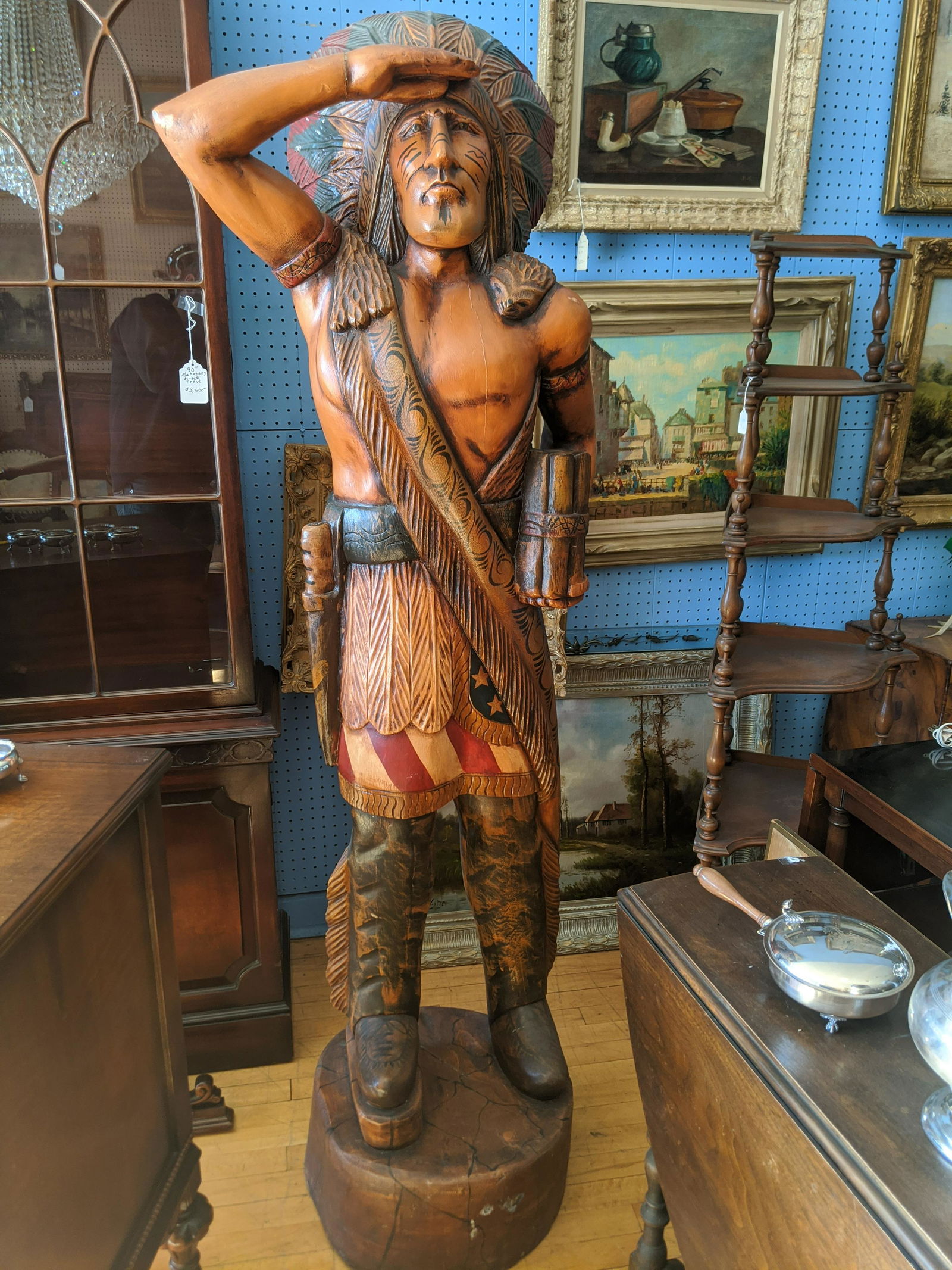 Carved Wood & Plaster Lifesize Repro Dime Store Indian: Carved Wood & Plaster Lifesize Repro Dime Store Indian wearing the American flag 6 foot high Shipping in continental US $0.00 If shipping is $0 then buyer arranges pick up or shipping. Please ask any