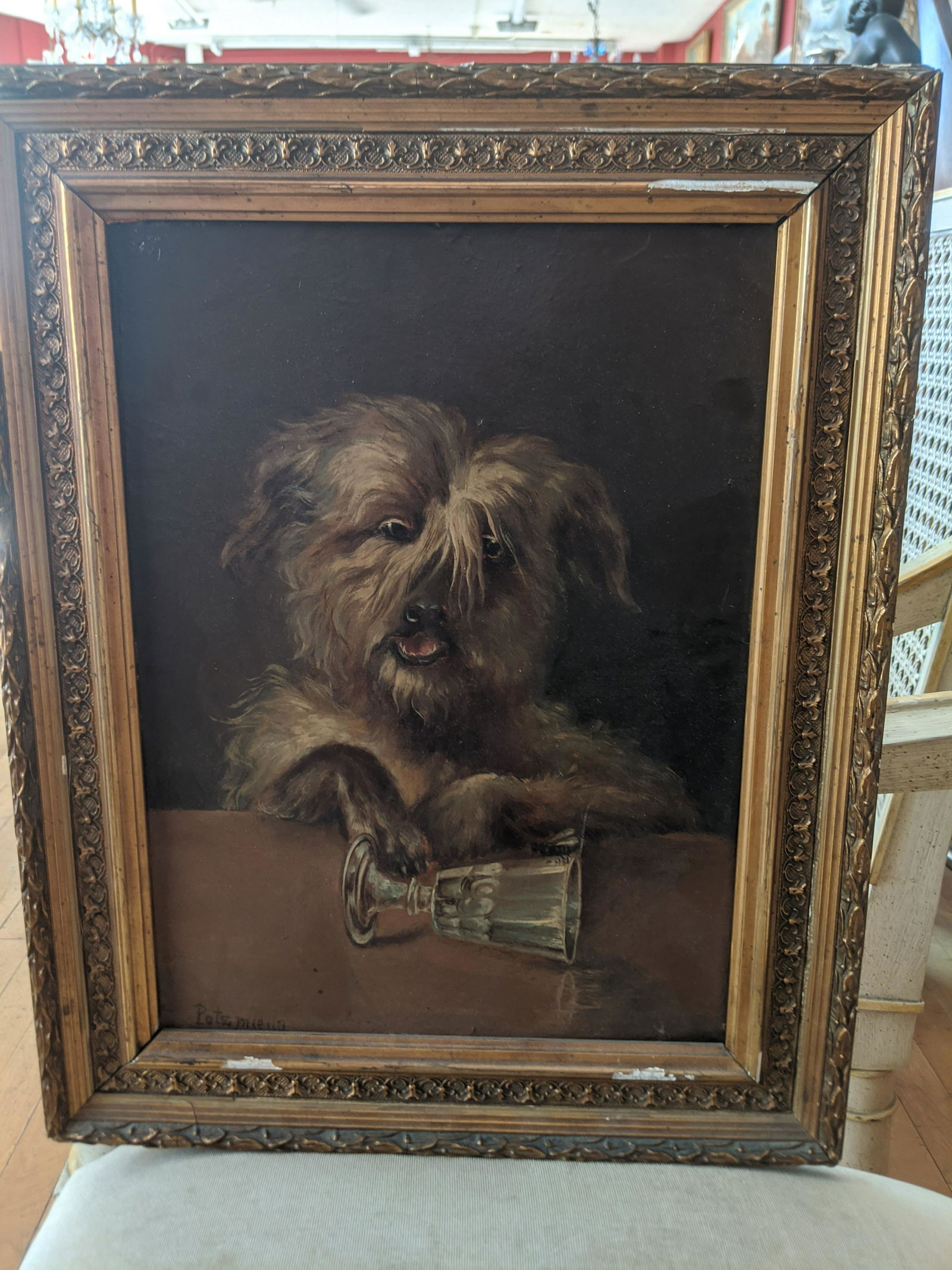 Potzmeilla Pekinese Dog Spilled Glass Oil Painting: Potzmeilla Pekinese Dog Spilled Glass Oil Painting board in frame. Signed lower left 17 1/2 x 13 1/2, Image: 9 1/2 x 13 1/2 Shipping in continental US $25.00 If shipping is $0 then buyer arranges pick