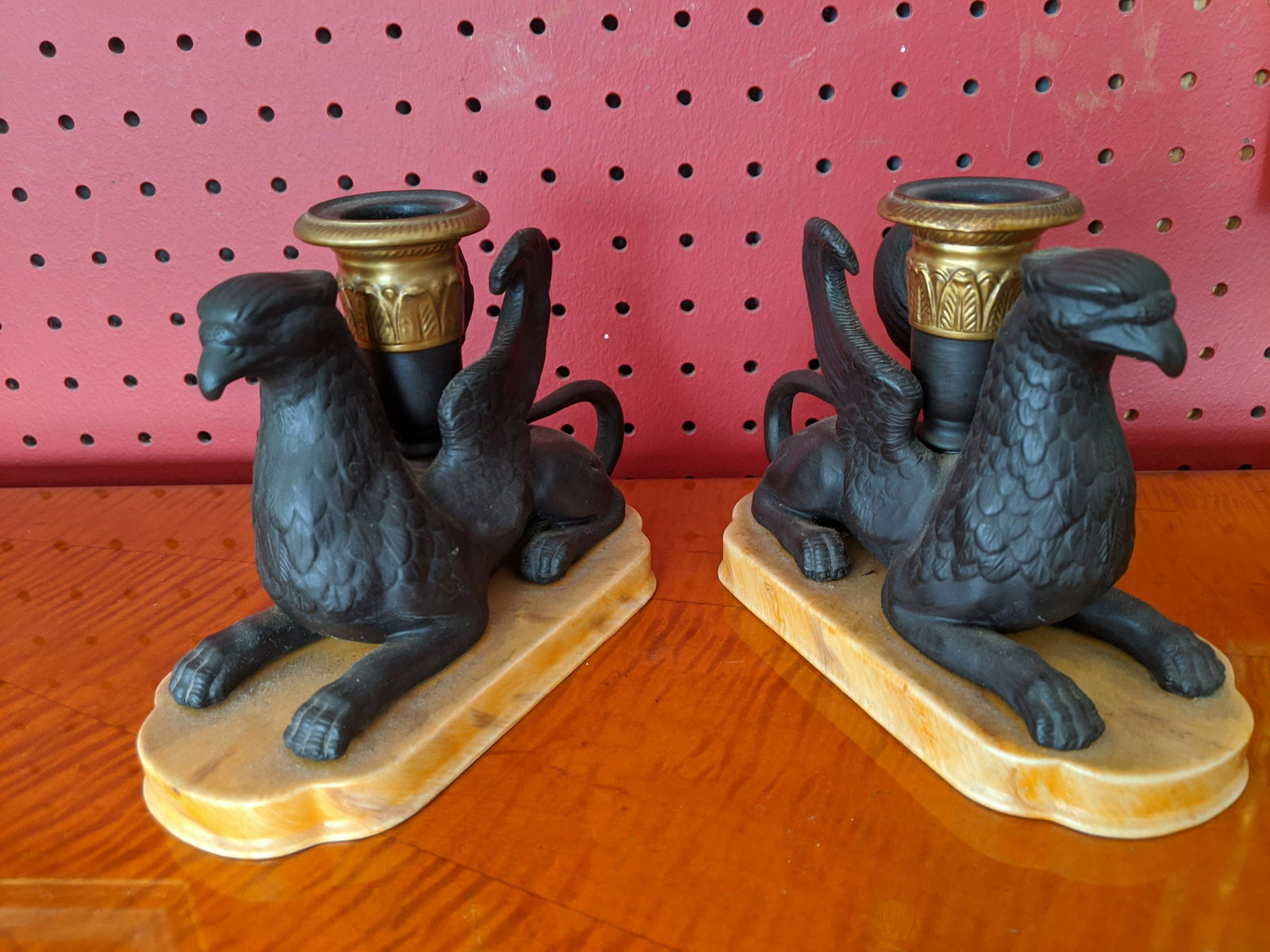 Pair Hand Painted Duarte Neoclassical Griffin: Pair Hand Painted Duarte Neoclassical Griffin Candleholders 5 high x 6 1/2 x 3 Shipping in continental US $20.00 If shipping is $0 then buyer arranges pick up or shipping. Please ask any questions bef