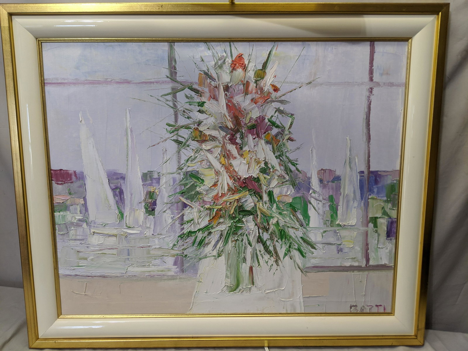 Italo Botti Abstract Flower Arrangement Oil Painting: Italo Botti Abstract Flower Arrangement Oil Painting in frame Signed lower right. Listed Illinois artist born 1923 and died 2003. Light is not included 34 1/2 x 28 1/2, Image: 30 x 24 Shipping in cont