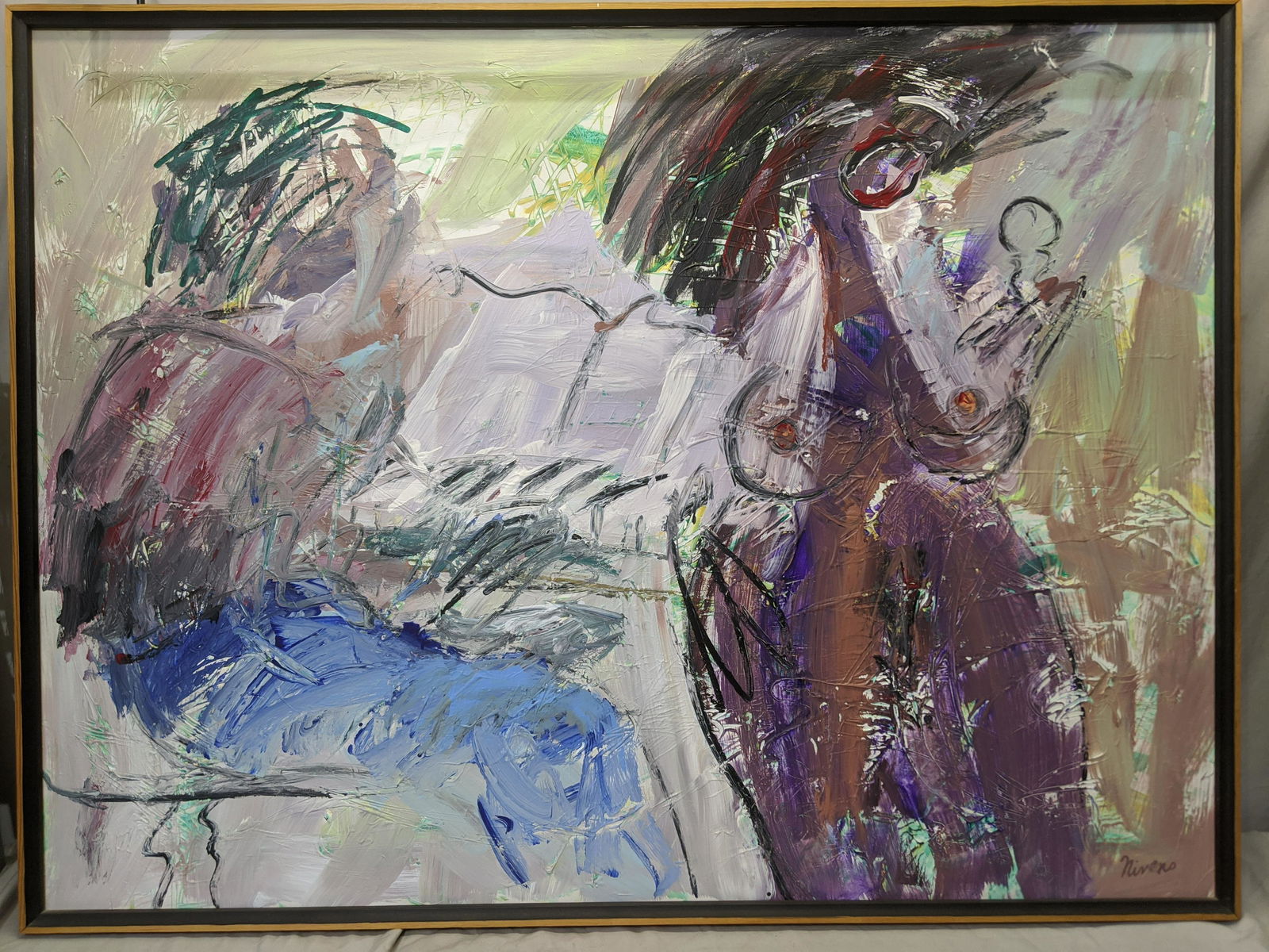 1987 David Nivens Large Abstract Oil Painting: 1987 David Nivens Large Abstract Oil Painting in frame. Listed Illinois artist born 1943. Light is not included 49 x 36 3/4, Image: 47 1/2 x 35 Shipping in continental US $85.00 If shipping is $0 then