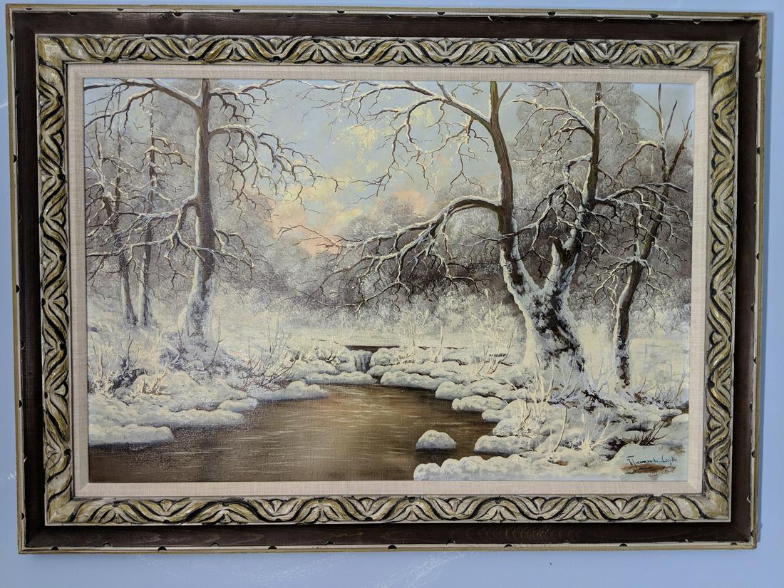 Laszlo Neogrady Winter River Scene Landscape Painting: Vintage oil on canvas is frame by listed artist Laszlo Neogrady(1896-1962) depicting a winter river scene. Have more Laszlo Neogrady paintings also up for auction. 44 x 32, Image: 35 1/2 x 25 5/8 Ship