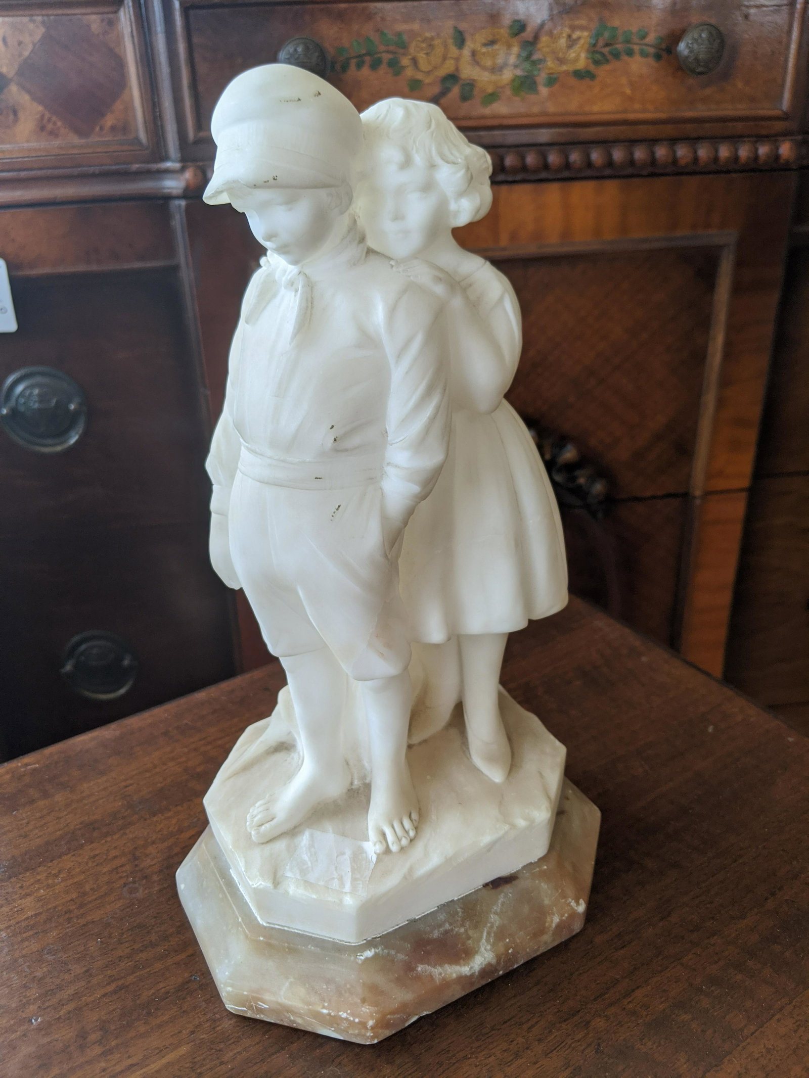 Vintage Carved Alabaster Stone Sculpture Of Boy & Girl: Vintage Carved Alabaster Stone Sculpture Of Boy & Girl 11 high x 6 x 6 Shipping in continental US $25.00 If shipping is $0 then buyer arranges pick up or shipping. Please ask any questions before bidd