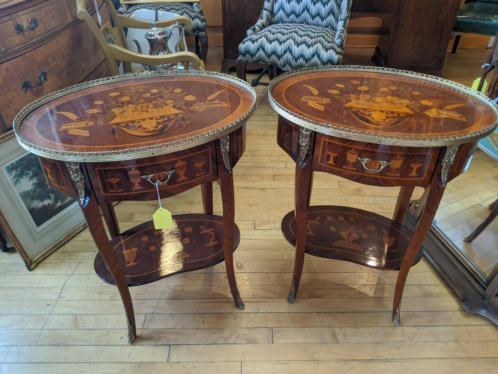 Pair Mid-Century Inlaid Marquetry Wood French Side: Pair Mid-Century Inlaid Marquetry Wood French Side Tables with floral bouquet inlay and brass Ormolu 29 1/2 high x 16 1/2 x 24 Shipping in continental US $150.00 If shipping is $0 then buyer arranges 