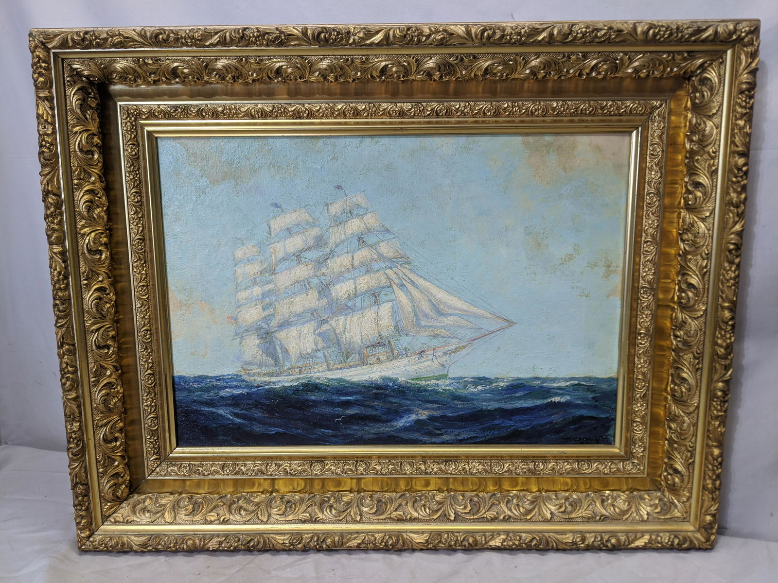 Frederick Leo Hunter Sailship on Ocean Oil Painting: Frederick Leo Hunter Sailship on Ocean Oil Painting on canvas in ornate frame. Listed New York artist born 1858 and died 1943 29 x 23, Image: 20 1/2 x 14 1/2 Shipping in continental US $44.00 If shipp