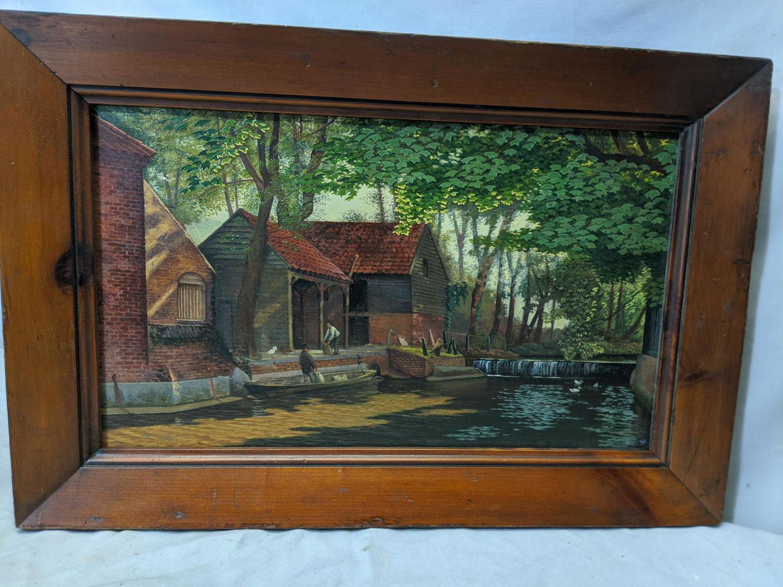 Signed Mansfield Homes by River Oil Painting: Signed Mansfield Homes by River Oil Painting on board in wood frame. Signed lower right 20 1/2 x 13 1/2, Image: 16 x 9 1/2 Shipping in continental US $30.00 If shipping is $0 then buyer arranges pick