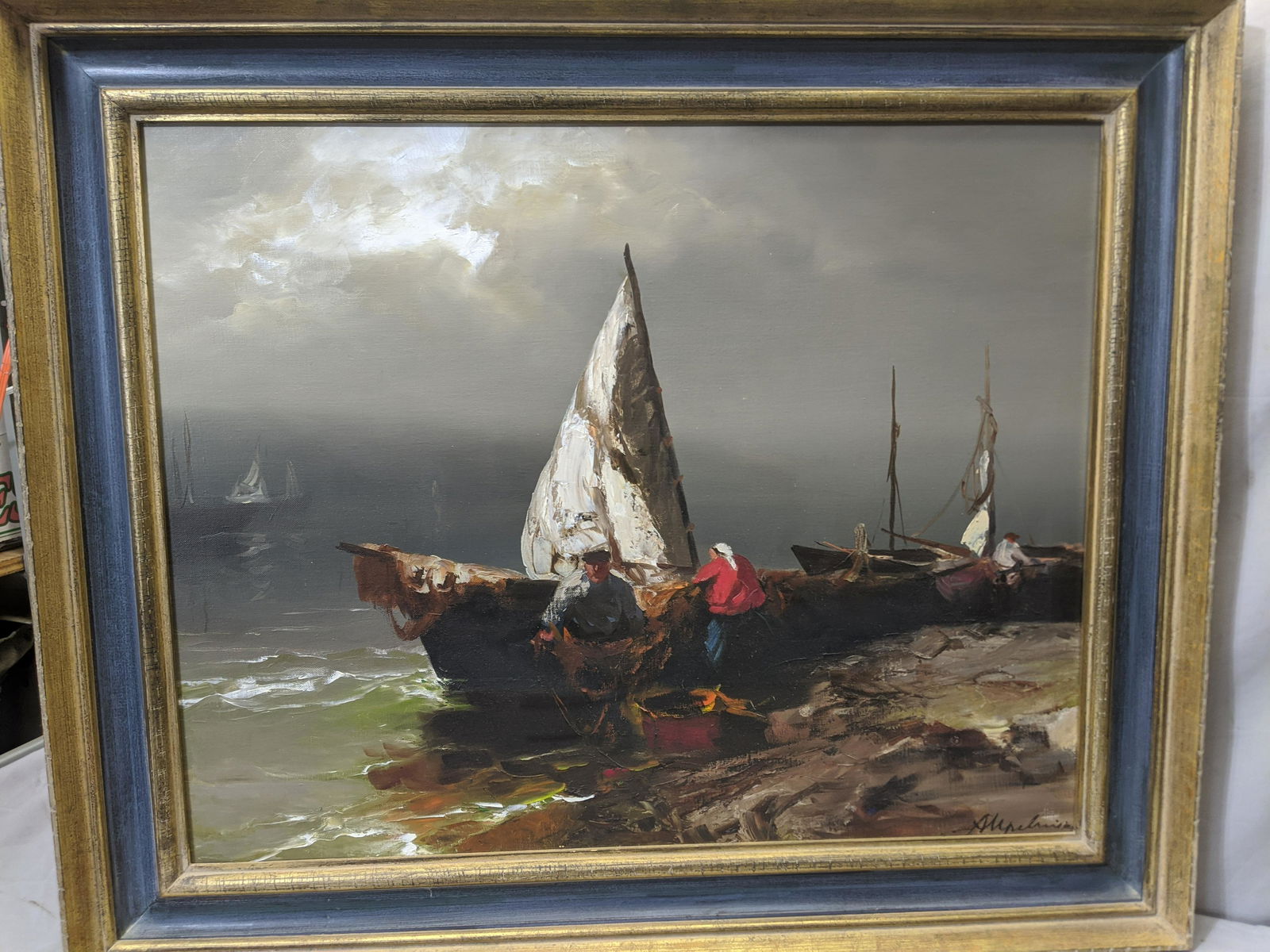 Arthur Upelnieks Fisherman by Shore Large Oil Painting (1 of 16)