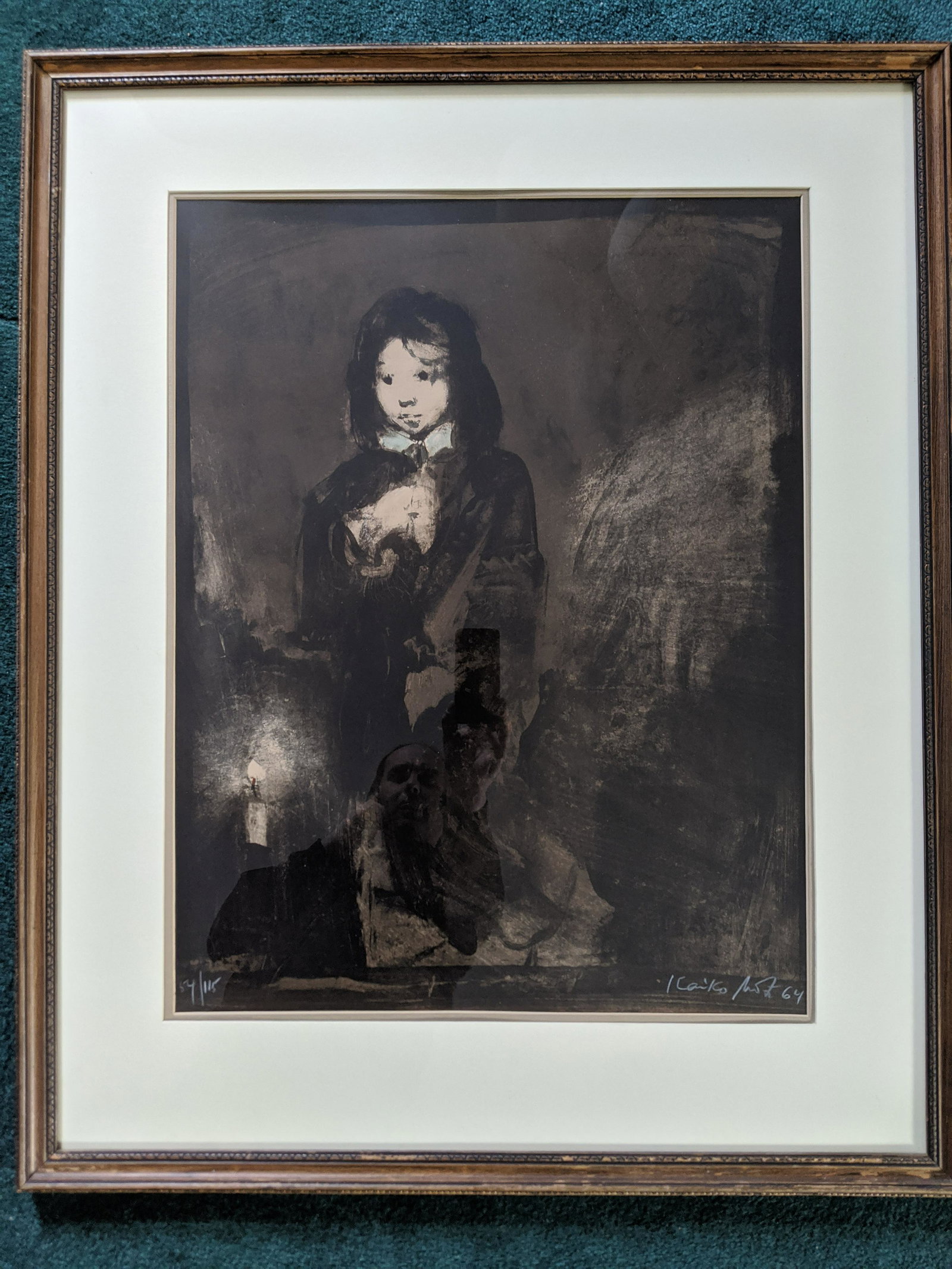 1964 Kalko Moti 54/115 Color Lithograph Portrait of: 1964 Kalko Moti 54/115 Color Lithograph Portrait of Girl framed under glass. Pencil signed and numbered. Listed Indiana artist born 1921 and died 1989 27 1/4 x 33 1/4, Image: 18 x 24 Shipping in conti