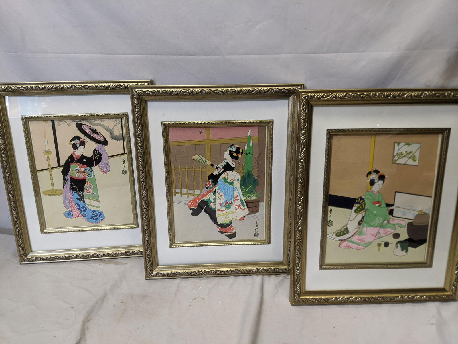 Set 3 Japanese Hand Colored Framed Prints Signed (1 of 12)