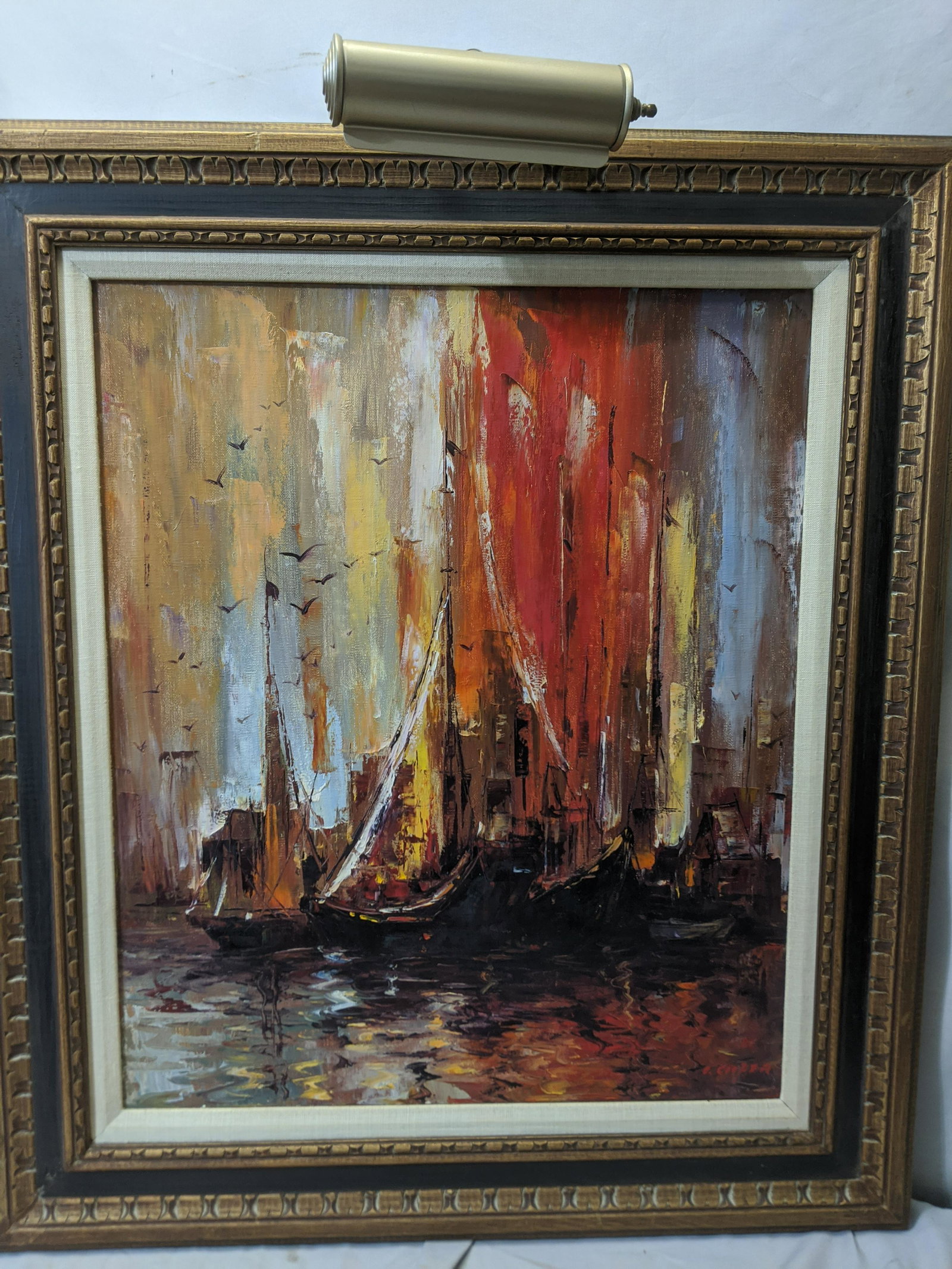 Signed C Cooper Impressionist Sail Ships Oil Painting: Signed C Cooper Impressionist Sail Ships Oil Painting on canvas in frame. Signed lower right. Light is not included. 27 1/2 x 31 1/2, Image: 19 1/2 x 23 1/2 Shipping in continental US $48.00 If shippi