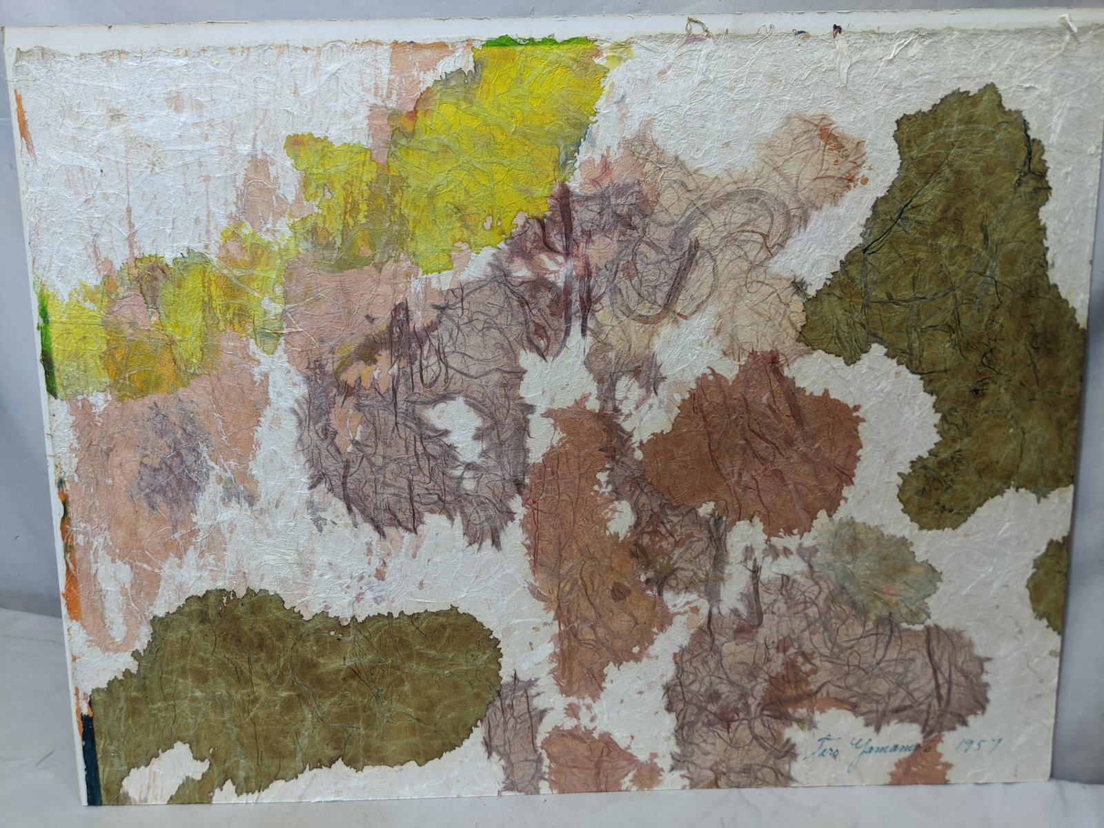 1957 Taro Yamamoto Composition Handmade Paper on Board: 1957 Taro Yamamoto Composition Handmade Paper on Board. Signed lower right. Not framed. Listed New York artist born 1919 and died 1994 25 1/2 x 19 1/2 Shipping in continental US $40.00 If shipping is 