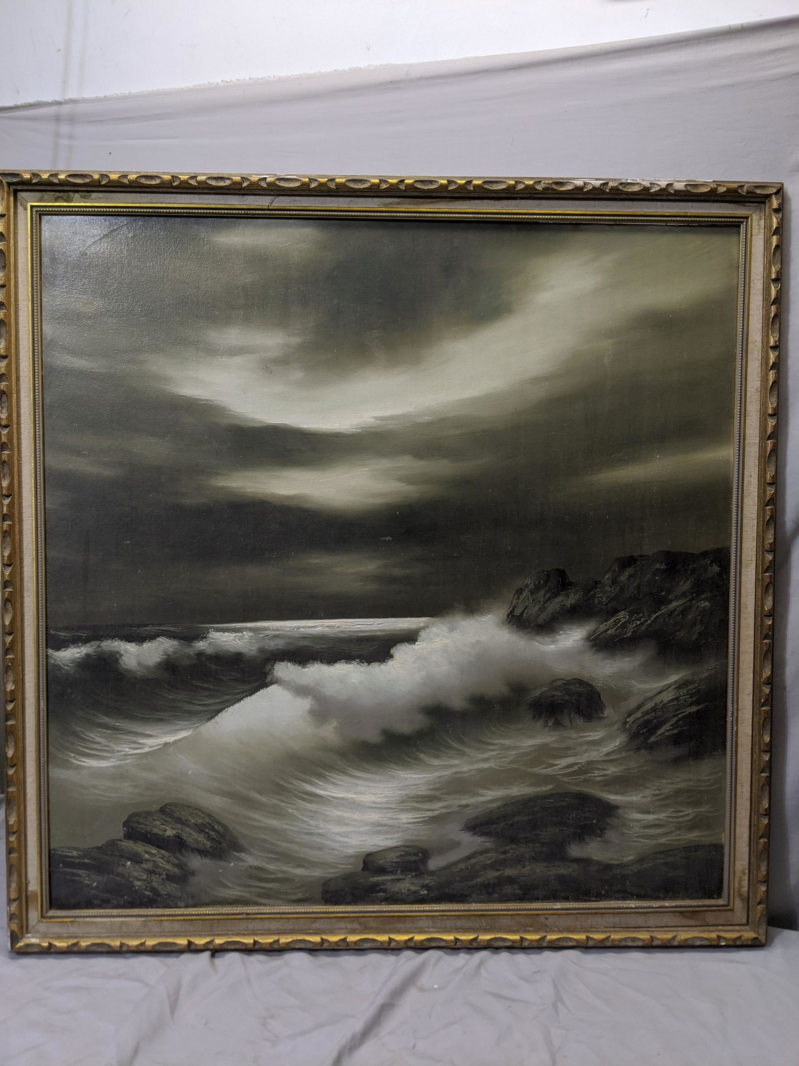 Signed Brunette Large Crashing Waves on Rocks Oil: Signed Brunette Large Crashing Waves on Rocks Oil Painting on board in frame 40 x 40, image: 35 3/4 x 35 3/4 Shipping in continental US $200.00 If shipping is $0 then buyer arranges pick up or shippin