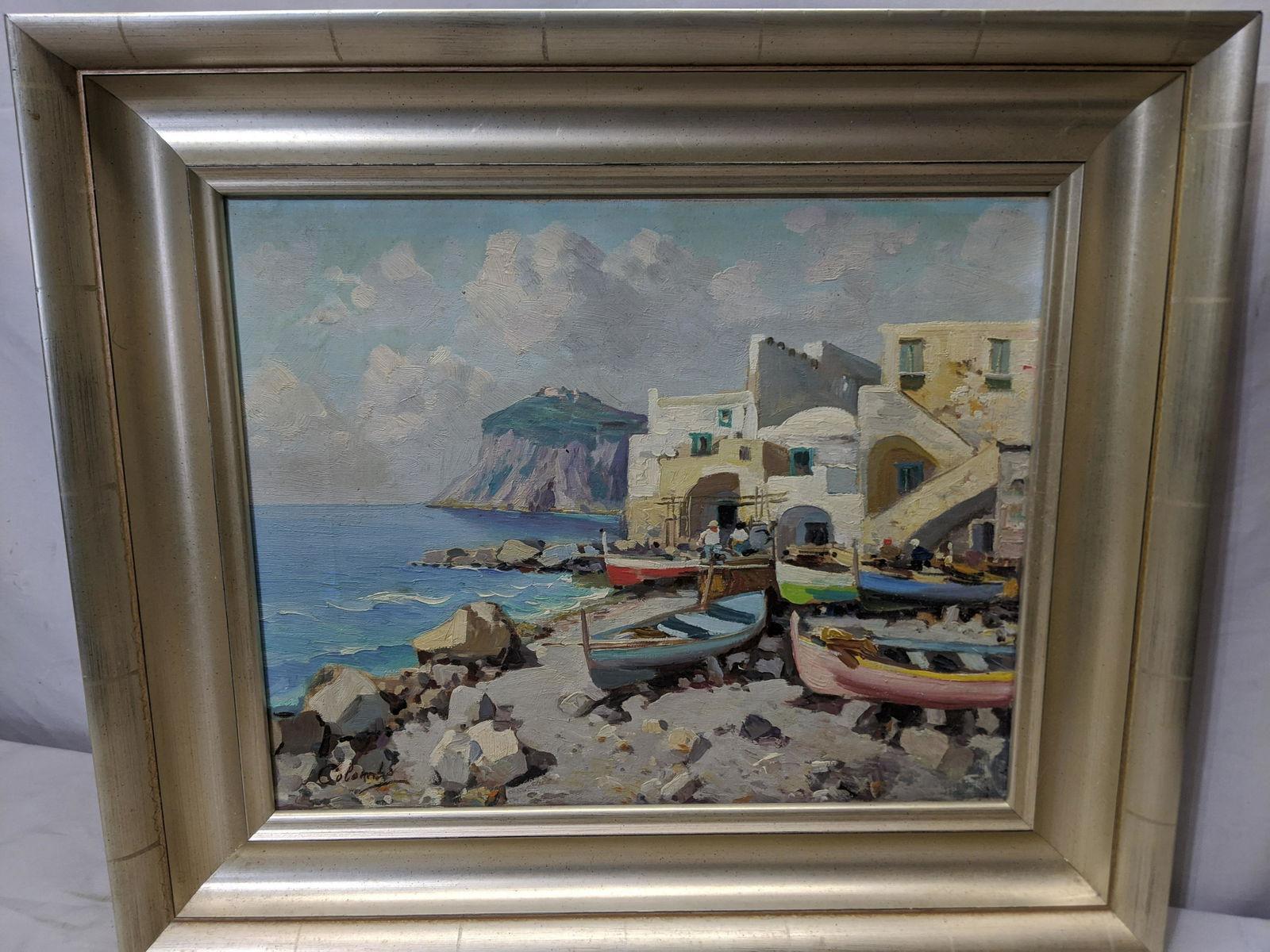 Signed Colombo Coastline Town Oil Painting: Signed Colombo Coastline Town Oil Painting on canvas in frame. Signed lower left 18 1/2 x 21 1/2, Image: 13 x 16 Shipping in continental US $35.00 If shipping is $0 then buyer arranges pick up or ship