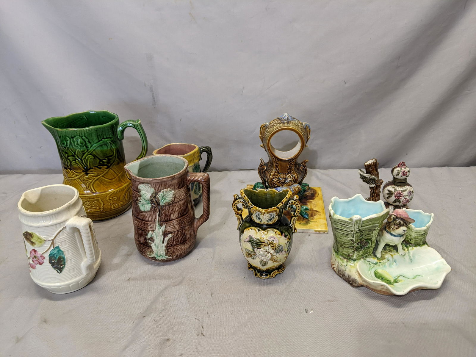 Lot 8 Majolica assorted Pottery Pitchers Clock Vases (1 of 9)