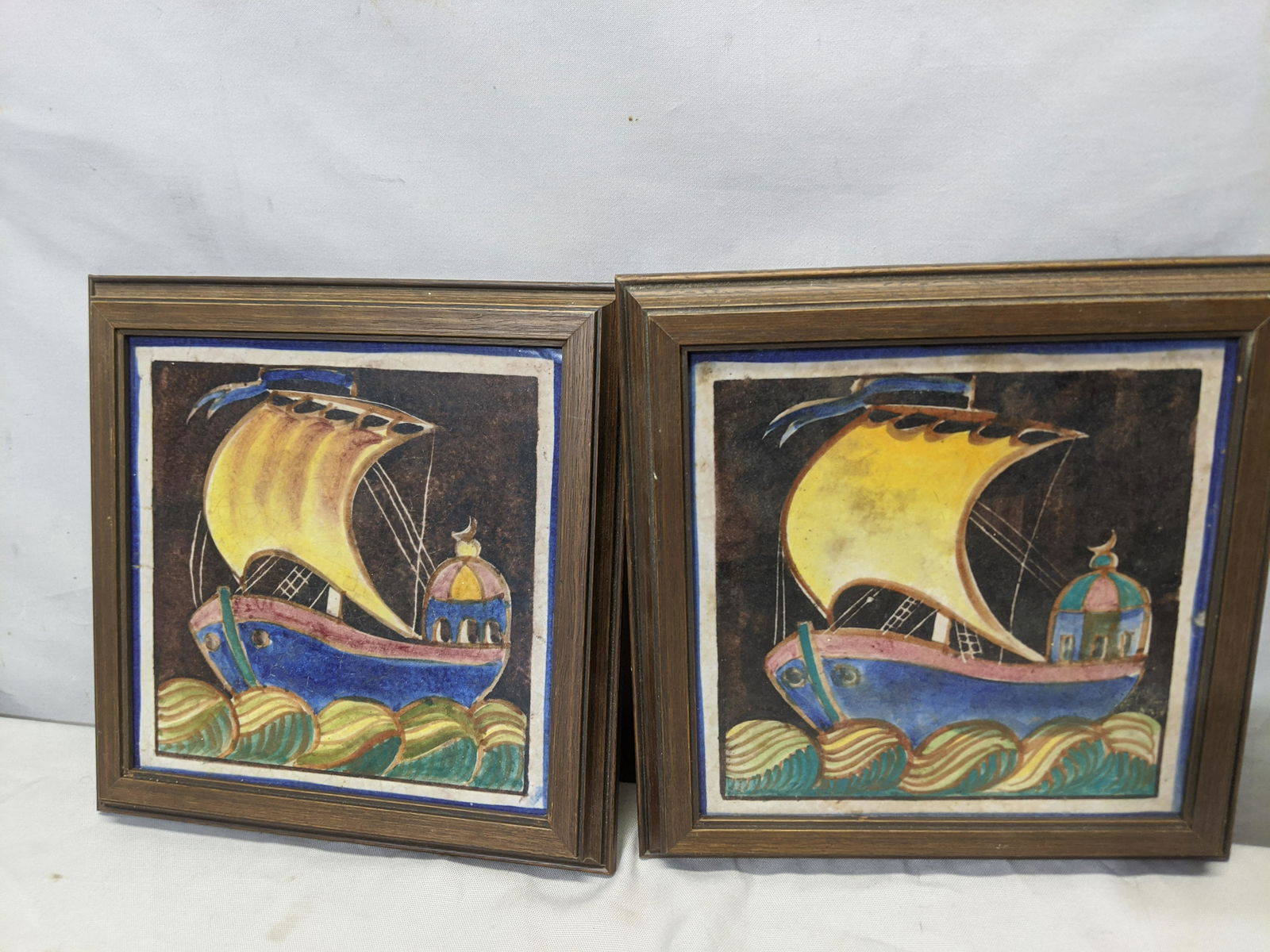 Pair Early Arts & Crafts Arabic Sailship Art Pottery (1 of 7)