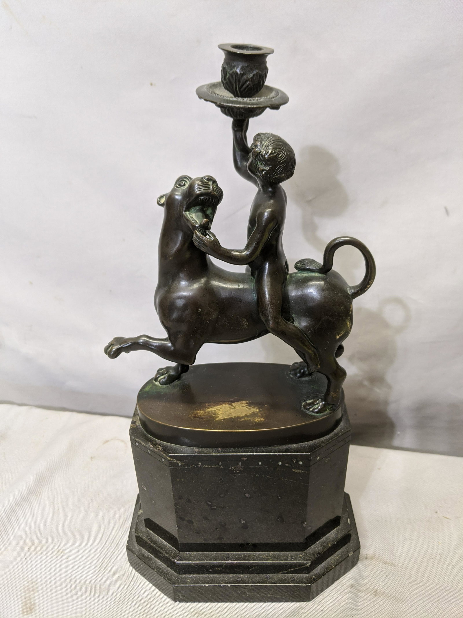 Antique Bronze on Marble Sculpture Boy Riding Cat: Antique Bronze on Marble Sculpture Boy Riding Cat Candle Holder 9 lbs, 13 high Shipping in continental US $22.00 If shipping is $0 then buyer arranges pick up or shipping. Please ask any questions bef