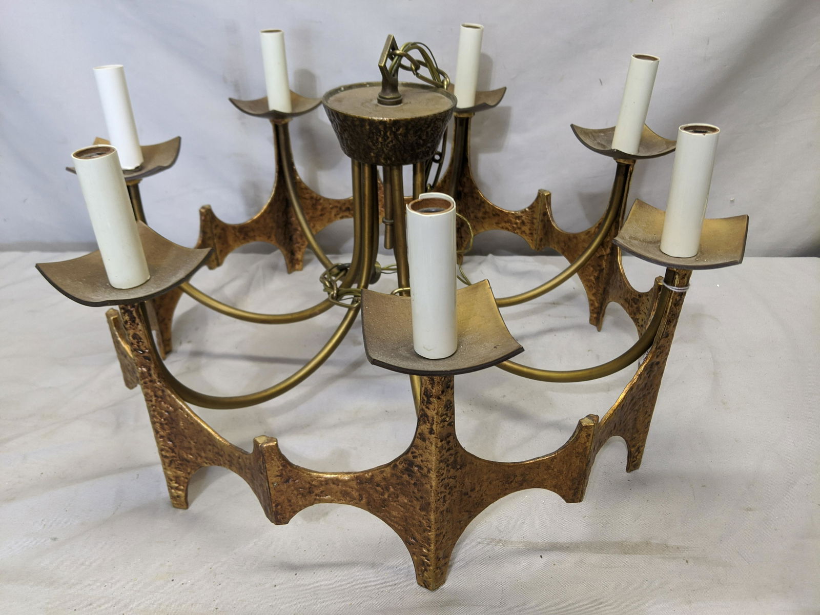 Brutalist Hammered Brass Vintage Ceiling Fixture: Brutalist Hammered Brass Vintage Ceiling Fixture Chandelier 13 high x 20 1/2 diameter Shipping in continental US $50.00 If shipping is $0 then buyer arranges pick up or shipping. Please ask any questi