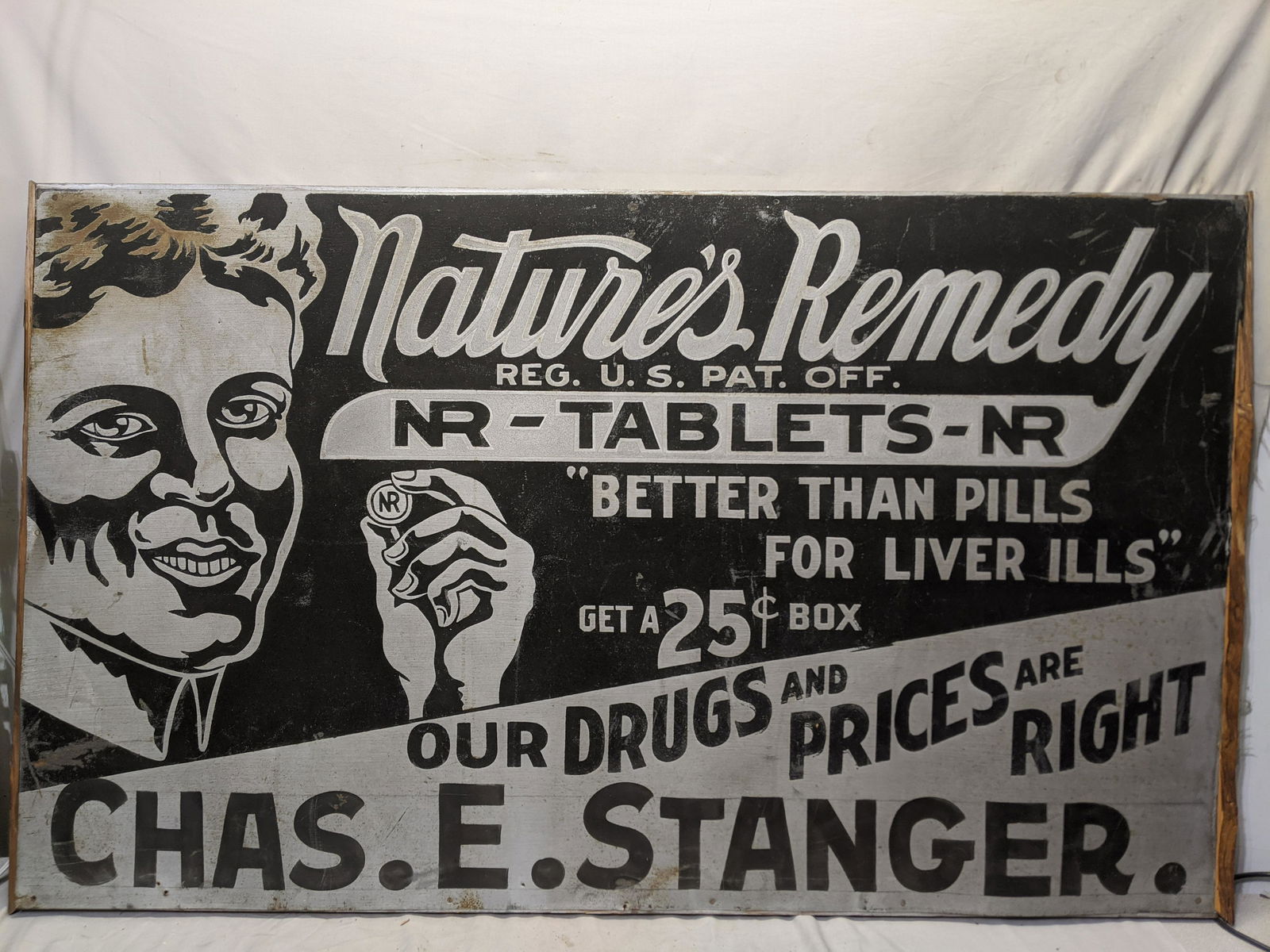 Large Early Chas E Stanger Natural Remedy Metal Advert: Large Early Chas E Stanger Natural Remedy Metal Advert Sign 16 lbs, 58 x 34 1/2 x 1 Shipping in continental US $75.00 If shipping is $0 then buyer arranges pick up or shipping. Please ask any question
