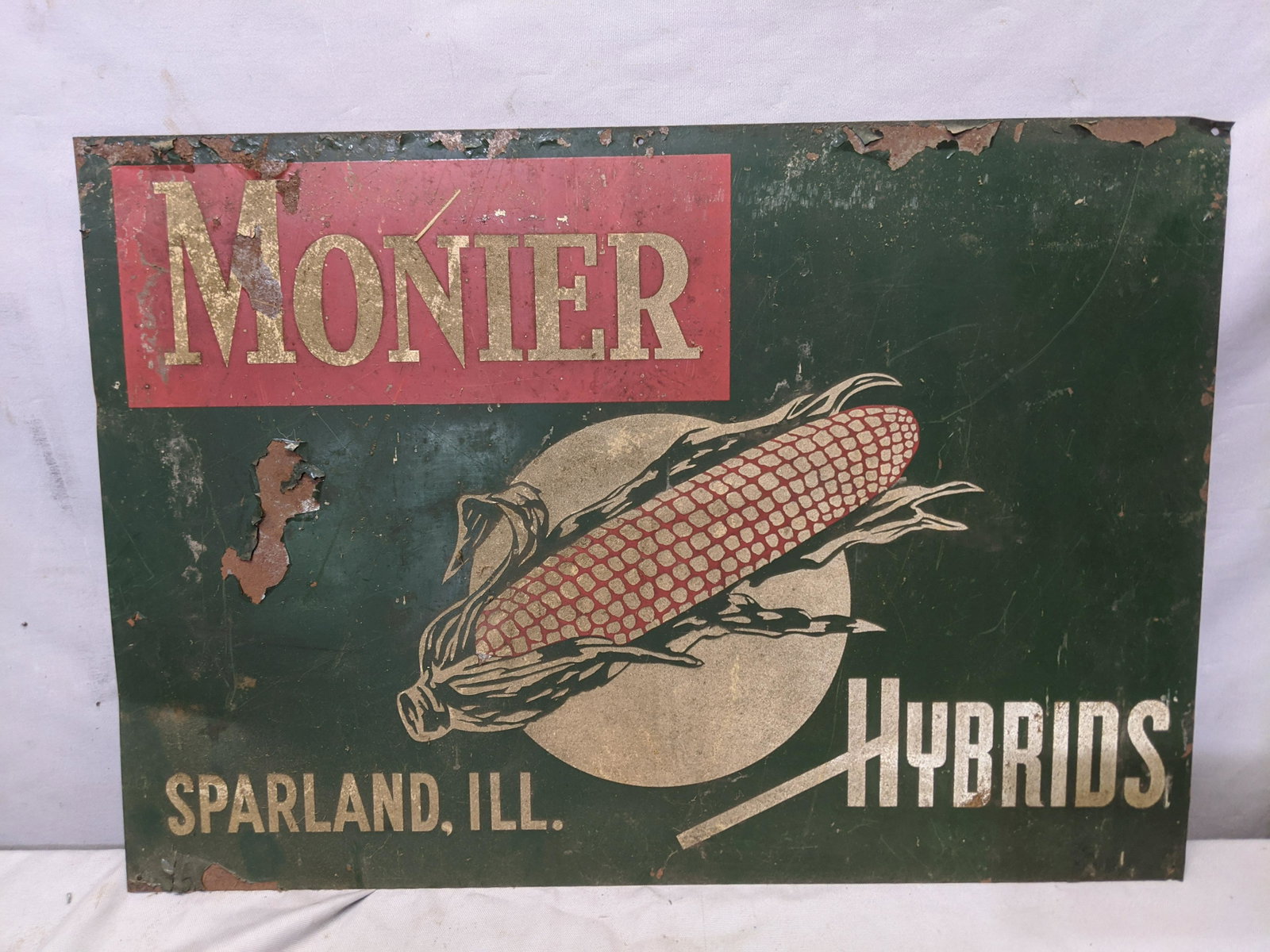 Vintage Monier Hybrids Corn Painted Metal Advertising: Vintage Monier Hybrids Corn Painted Metal Advertising Sign 1 lb., 20 x 14 Shipping in continental US $20.00 If shipping is $0 then buyer arranges pick up or shipping. Please ask any questions before b