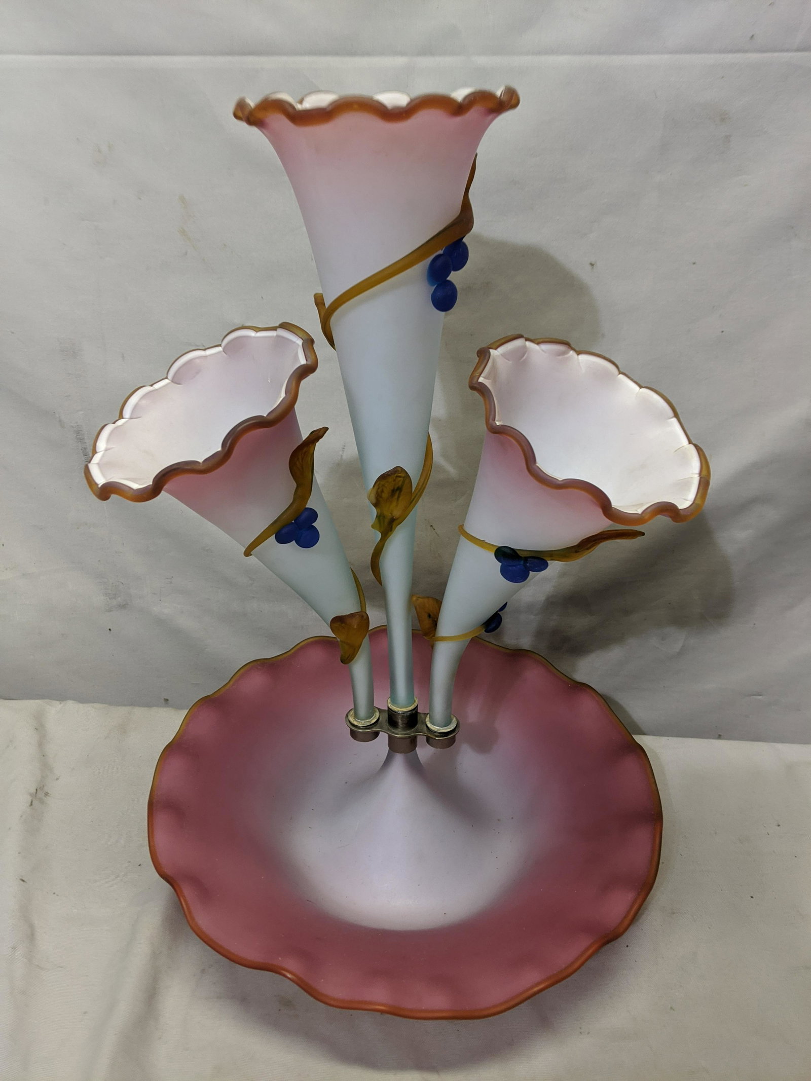 Satin Art Glass Center Bowl w/ Flower Epergne Vases: Satin Art Glass Center Bowl w/ Flower Epergne Vases. Measurements in inches:12 diameter x 18 high We offer in-house shipping. Item(s) will be packed after invoice is paid and shipping cost will be col