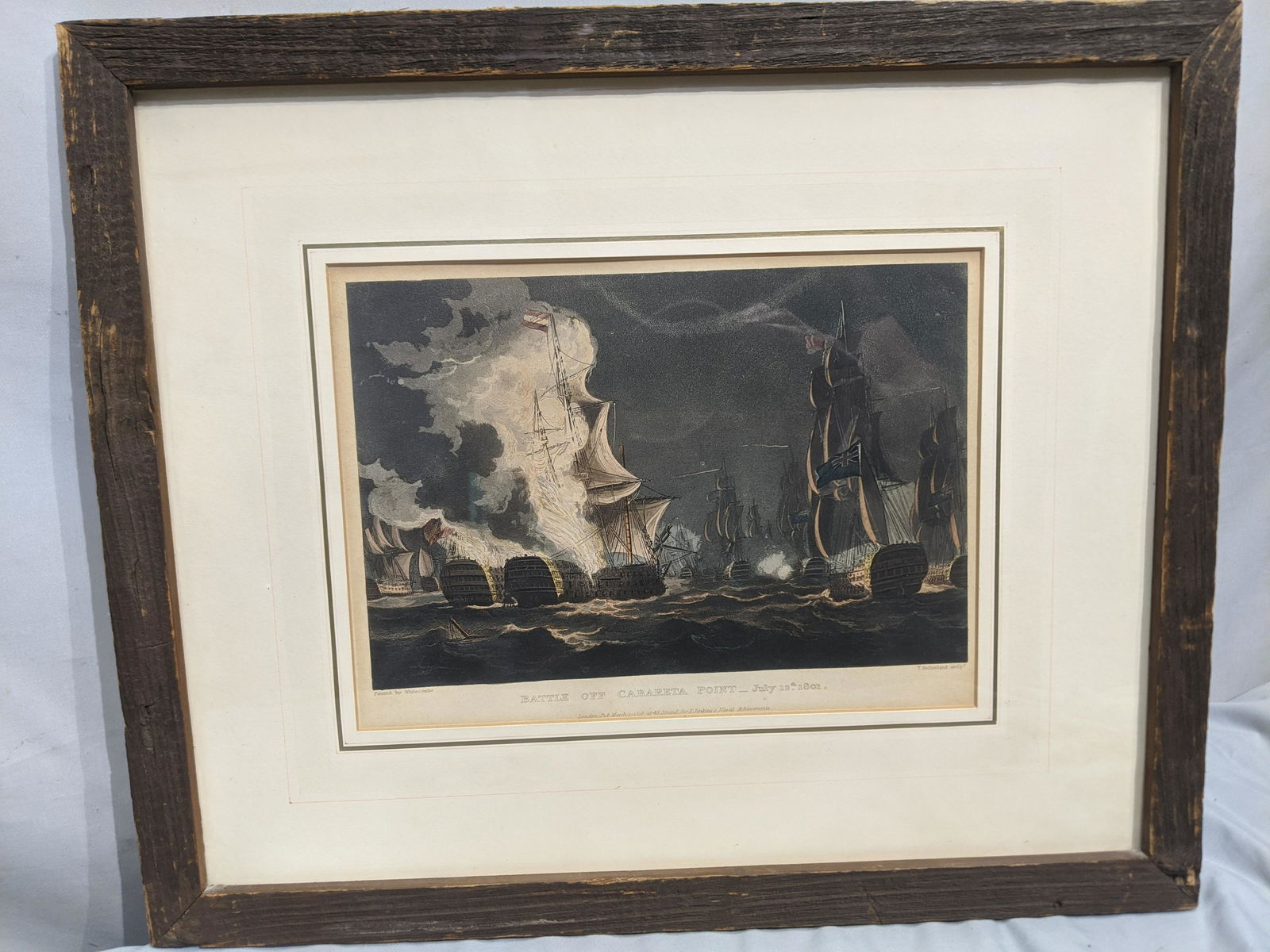 1801 Battle off Cabareta Point Engraving by Whitcombe: 1801 Battle off Cabareta Point Painted by Thomas Whitcombe and engraved by Thomas Sutherland and published 1816. Framed under glass. Measurements in inches: 18 1/2 x 15 1/2, Image: 10 1/2 x 7 Conditio